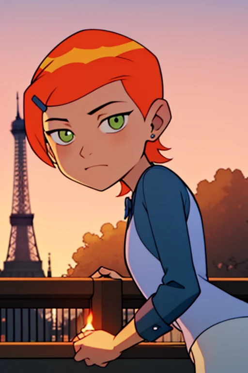 <lora:osgwen-09:1> gwen, standing on rooftop, balcony, leaning on fence, bottom view, from bottom, outdoors, golden hour time, in paris, french tower background, fire works, looking at viewer, standing, masterpiece, best quality