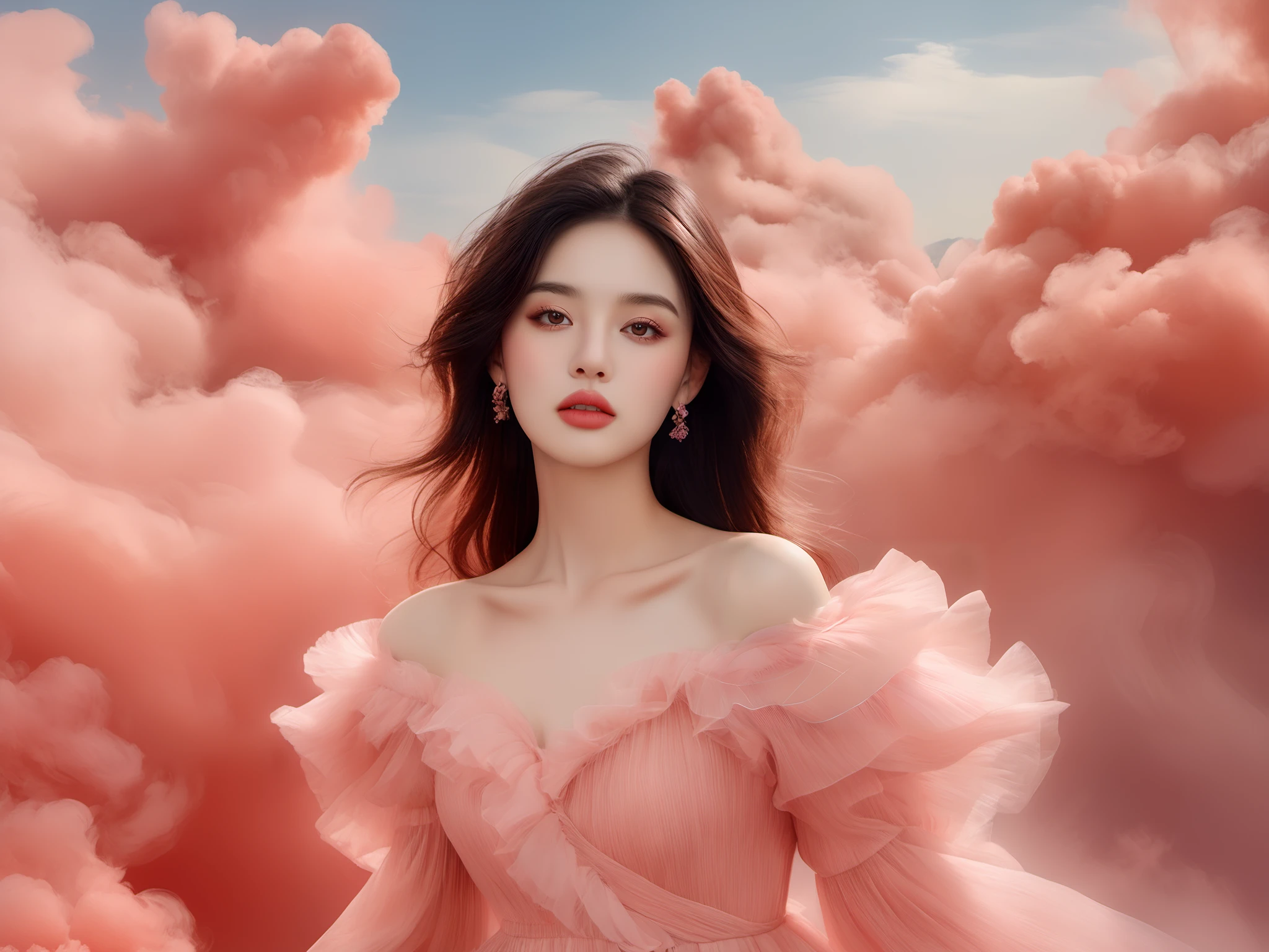 photorealistic,realistic,photography,masterpiece,best quality,ultra-detailed,extremely detailed CG unity 8k wallpaper,a beautiful girl, close mouth, red lips, beautifull face, full body shot, wearing dress, any pink smoke,cloud,pink dress, over view, <lora:JAY PINK CLOUD DRESS XL:0.8>, (best quality:1.3)