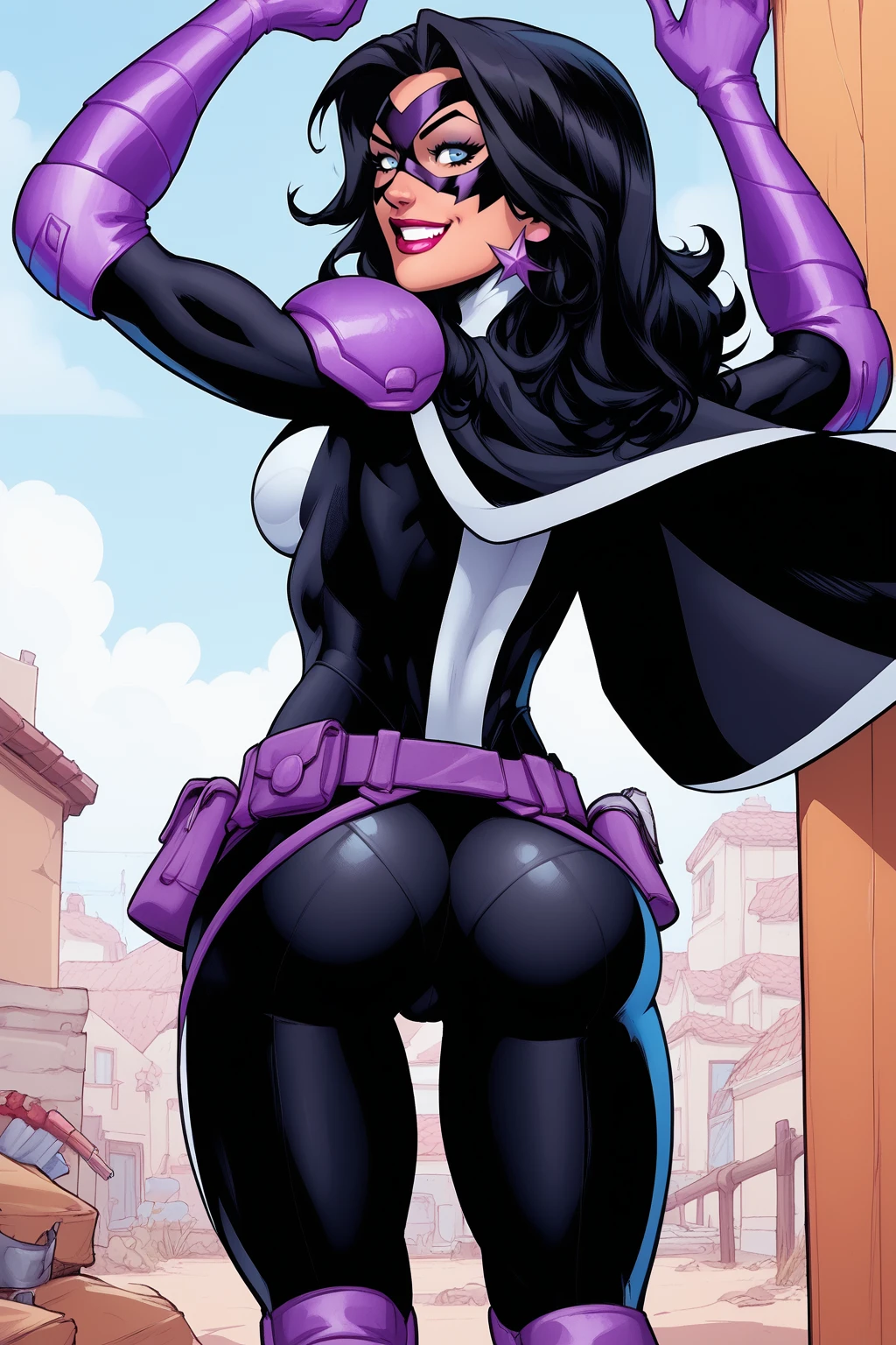 score_9, score_8_up, score_7_up, masterpiece, high quality, BREAK
 <lora:Dc HuntressPonyLoRA:1>hntress, long hair, domino mask, shoulder armor, cape, bodysuit, gloves, utility belt, knee pads, from behind, ass,  sexy smile, sexy pose,
 <lora:CherryMouseStreetStylePonyLyco:1> 1girl, makeup, lips, earrings, lipstick, uncensored