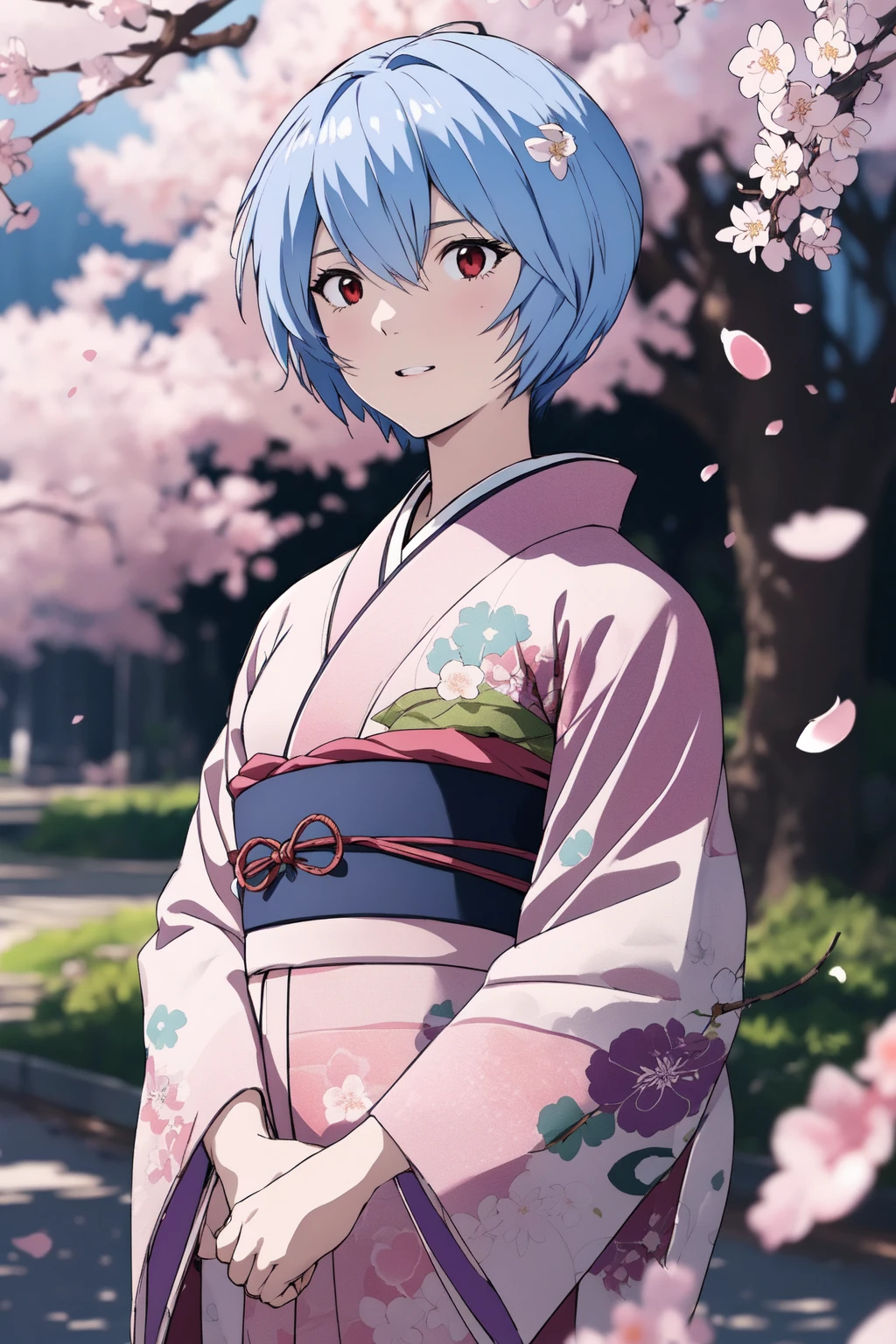 (RAW photo, best quality), 1girl,  natural lighting, 
 <lora:ayanami_rei_v1_2:1> ppayanamirei,
kimono, cherry blossoms,