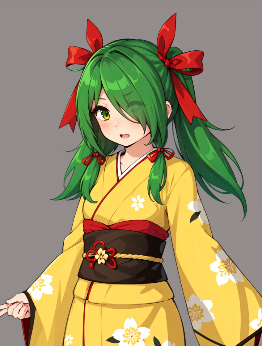 masterpiece, 1girl,solo,
<lora:epicanna.sd15.v1:0.4> epicanna,
yeflowdress, yellow kimono, floral print, red belt, obi
ribredstyle, hair ribbon, red ribbon, hair over one eye, low twintails
simple background,