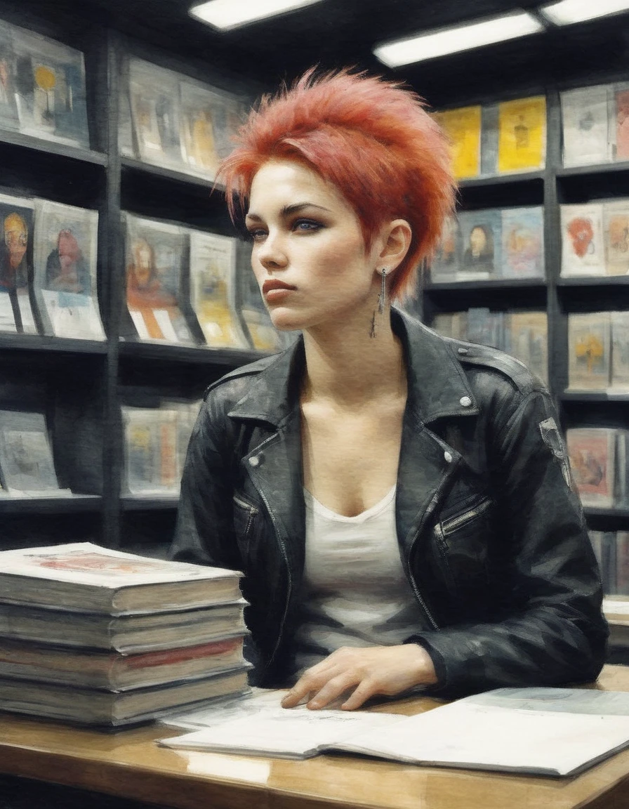 moody portrait of a punk rock girl in 1996 in a Newbury Comics shop