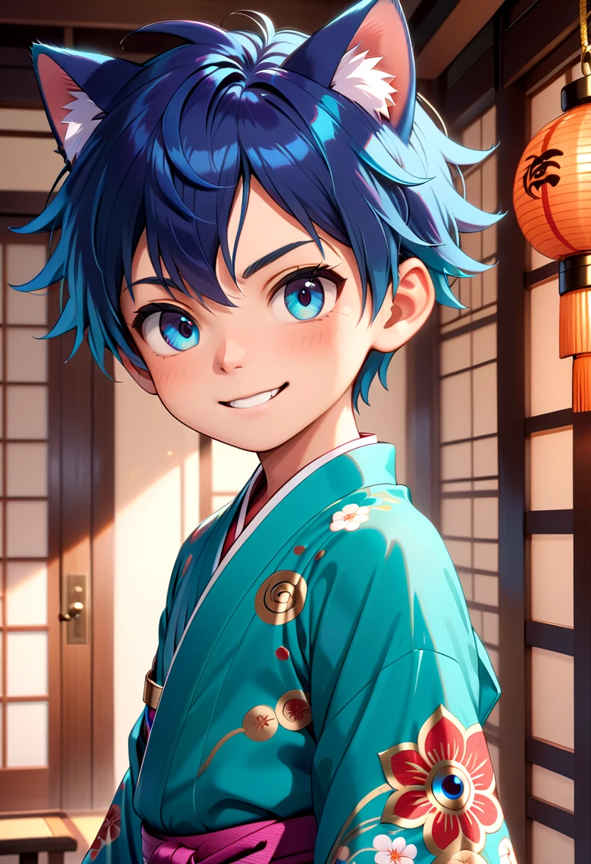 straight on shot, standing,detailed eyes, village,
 <lora:cutifiedanimecharacterdesign_variant_type_G_SDXL_v10:0.7>, 1boy, type-g, cat boy, blue hair, Kimono, long pants, grin
(masterpiece:1.2), best quality, high resolution, unity 8k wallpaper, (illustration:0.8), (beautiful detailed eyes:1.6), extremely detailed face, perfect lighting, extremely detailed CG, (perfect anatomy),
 <lora:age_slider_v4:1.2>