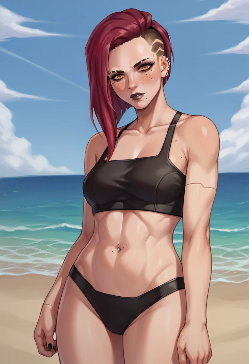 score_9,score_8_up,score_7_up BREAK <lora:V:1>,Vcyberpunk,1girl,solo,looking at viewer,red hair,midriff,mole,orange eyes,makeup,piercing,ear piercing,colored sclera,freckles,black lips,lip piercing,eyebrow cut,beach,black bikini,