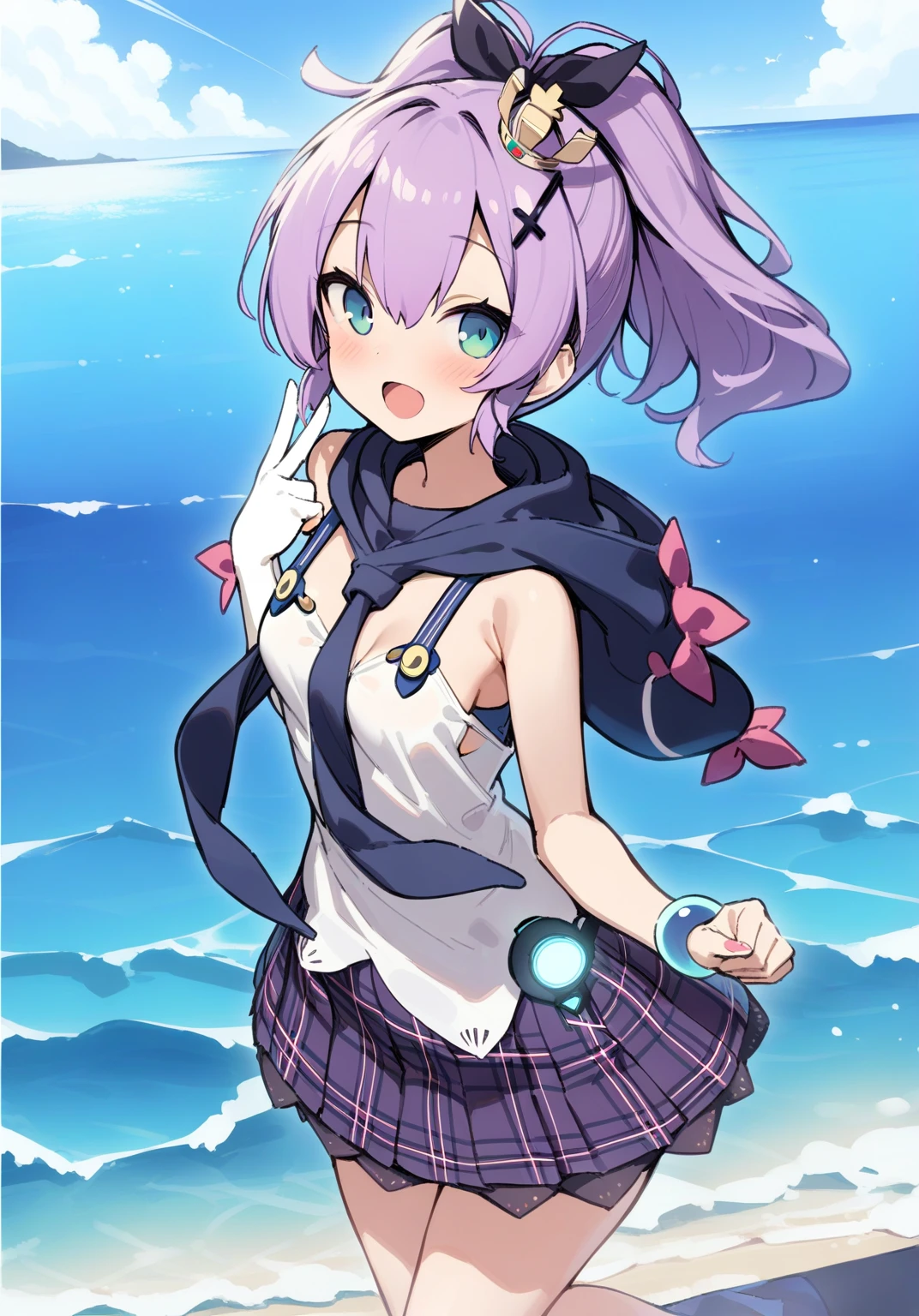 <lora:javelin_XL_v1.0:0.8> ,javelin_\(azur_lane\), single_glove, hair_ornament, ribbon, mini_crown,hair_ribbon, plaid_skirt, purple_skirt, hood, white_camisole,;d,ocean, masterpiece, best quality, very aesthetic, absurdres,