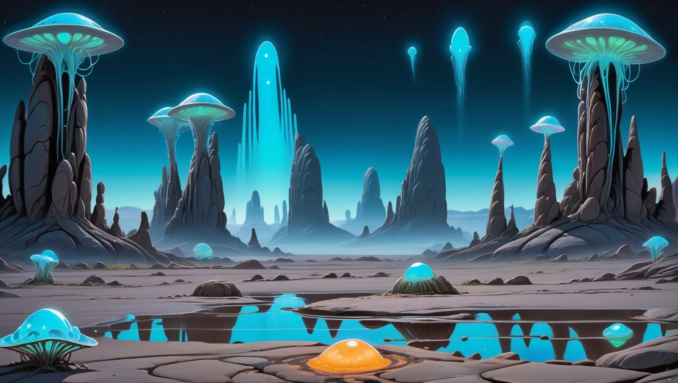 <lora:artfullyLUMINTASY_SDXL_V1:1>,  Alien landscape, bizarre rock formations, bioluminescent flora, strange alien creatures, multiple moons in the sky