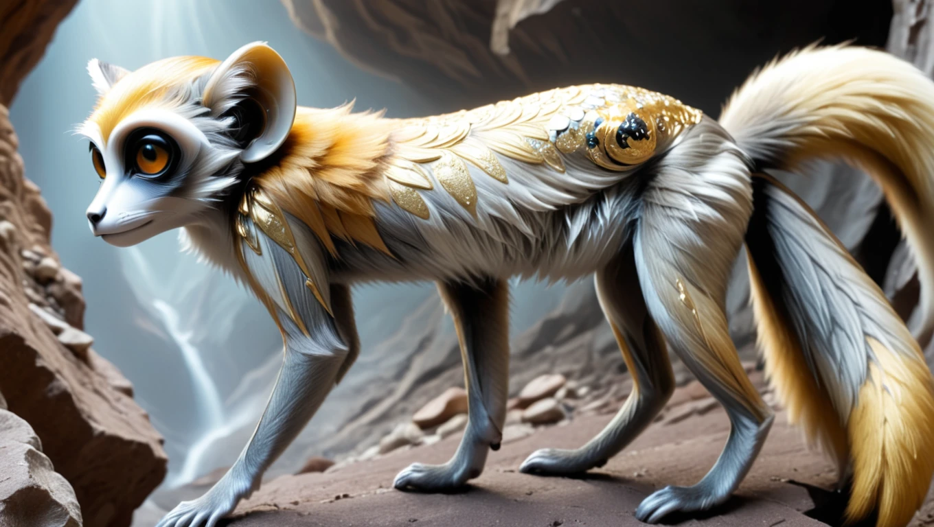 <lora:artfullyMBACKM_SDXL_V1:1>, Mineral-backed Monkeyfox: This hybrid of a fox and monkey dwells in cavernous homes where it consumes minerals. These minerals filter into its fur, creating intricate and beautiful designs that are highly appealing, especially to potential mates.