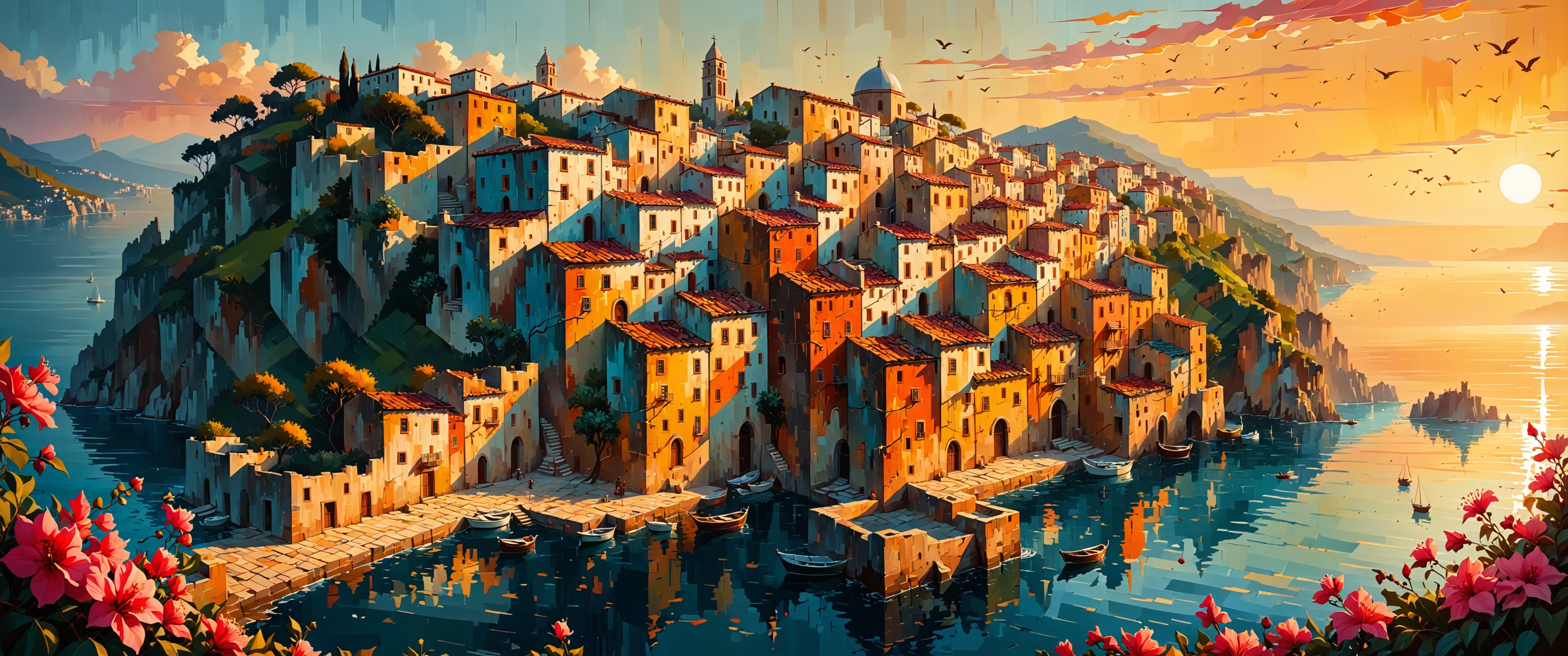 This image depicts a breathtaking, romanticized view of a Mediterranean coastal town, likely inspired by locations such as the Amalfi Coast in Italy or Greek islands. Here's a detailed description:
Composition:
The image is layered with rich detail from foreground to background, creating a sense of depth and immersion. The town cascades down a hillside towards the sea, with the view angled to capture both the urban landscape and the expansive seascape.
Subjects:
Architecture: A mix of Mediterranean-style buildings with terracotta roofs, white walls, and domed structures (possibly a church or cathedral) at the highest point.
Coastal landscape: Rocky cliffs, a bay, and distant islands or peninsulas.
Vegetation: Lush flowering trees and vines, predominantly in shades of pink and red, suggesting spring blossoms (possibly cherry or bougainvillea).
Sea: A calm, expansive body of water stretching to the horizon.
Sky: A dramatic sunset sky with clouds illuminated in golden hues.
Small details: Tiny boats on the water, glowing windows in the buildings, and small birds in flight.
Color palette:
The image uses a warm, rich color scheme:
Pinks and reds for the flowering vegetation
Warm yellows, oranges, and golds in the sky
Cool blues and teals for the sea
Earth tones (terracotta, beige, soft whites) for the buildings
Style:
This artwork is rendered in a highly detailed, almost photorealistic style, but with an enhanced, dreamlike quality. It features:
Intricate architectural details
Soft, glowing light effects
Vibrant, saturated colors
Meticulous attention to small elements that create a sense of life and movement
Atmosphere:
The image evokes a sense of romance, tranquility, and timeless beauty. It captures the "golden hour" just before sunset, bathing the scene in warm, magical light. The composition invites the viewer to imagine themselves in this idyllic setting, perhaps on a balcony overlooking the town and sea.
Overall, this artwork presents an idealized, almost fantastical vision of Mediterranean coastal life. It combines natural beauty, historic architecture, and a serene atmosphere to create a captivating and emotionally resonant scene. The level of detail and the masterful use of light and color make this a visually stunning and evocative piece.
(art artistic artwork masterpiece illustration painting cubism:1.4)