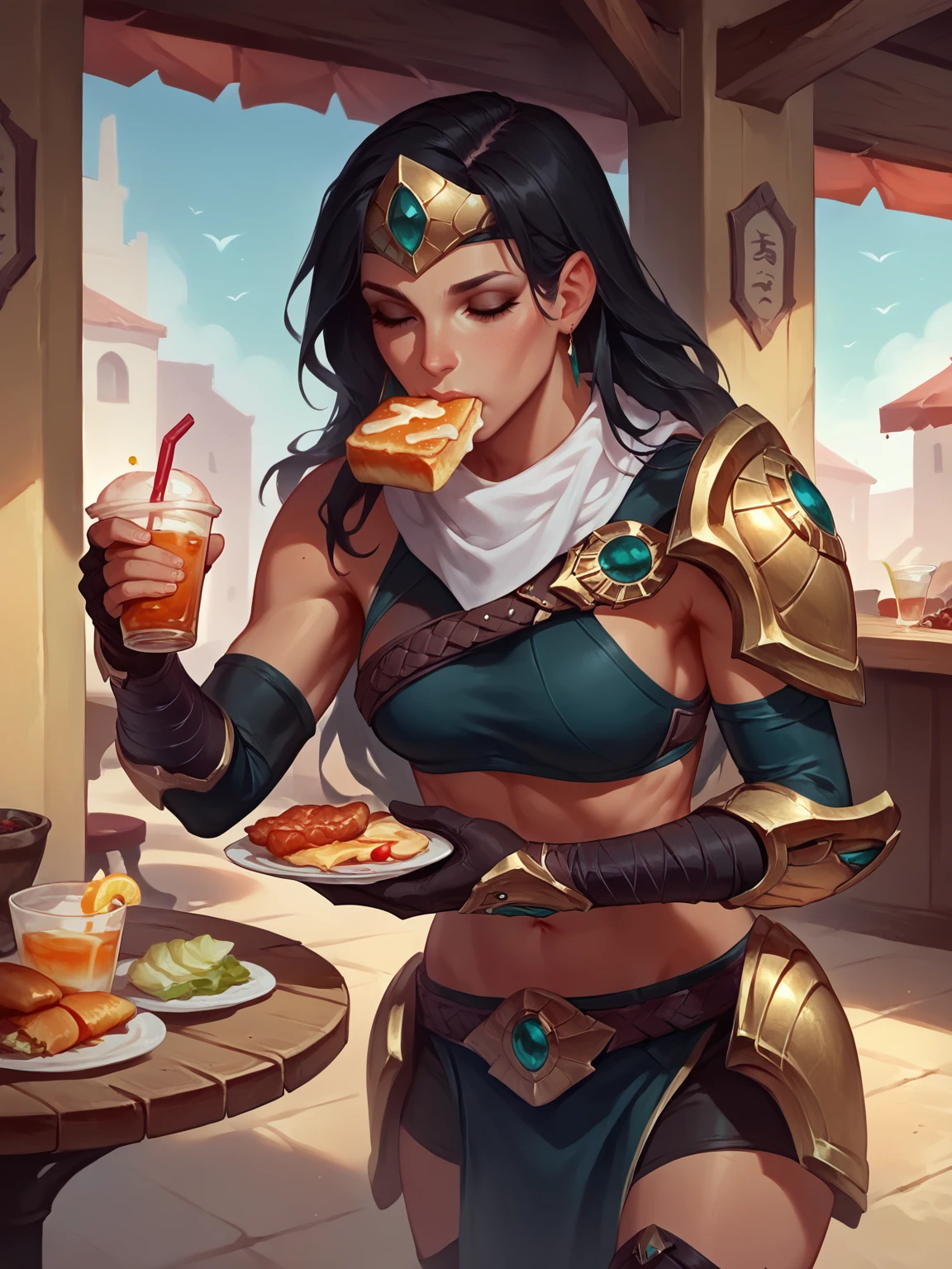 score_9, score_8_up, score_7_up, BREAK, Sivir, 1girl, solo, (long black hair), goled diadem, white scarf, bandages on the chest, golden shoulder pad, armored shorts, armored bracers, black boots,  eating in cafe, concept art, sunny day, <lora:SivirNormal:1>    <lora:Concept Art Twilight Style SDXL_LoRA_Pony Diffusion V6 XL:1>