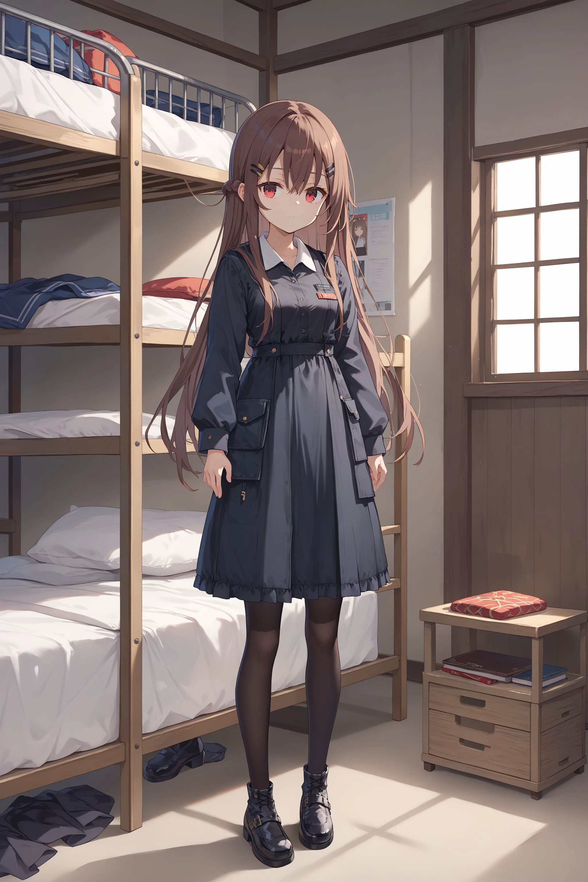 score_max, (score_9, score_8_up, score_7_up:1.2), score_6_up, official art,
masterpiece, absurdres, high detail, 8k,
indoors, dormitory, bunk bed,
standing, expressionless,
marfusha, long hair, brown hair, red eyes, hairclip, black dress, collared shirt, long sleeves, black pantyhose, black footwear
<lora:XL_Pony_game-marfushasg-marfusha-t1:1.0>