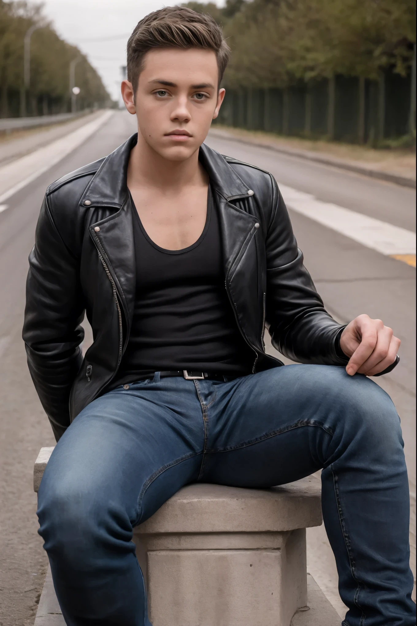 Carl Gallagher, ((masterpiece)), ((best quality:1.2)), High Resolution, 8k, full body portrait, (ultra_realistic:1.3), (photorealistic:1.4), sharp focus, 1boy, (perfect face), wide angle, handsome, (sitting beside road), short brown hair, blue eyes, wearing an (open-black-leather-jacket-and-black-tank-top:1.3), (denim jeans:1.3), ((upper body portrait)), wide angle, toned body, natural lighting, 4k uhd, dslr, soft lighting, high quality, thin but toned,