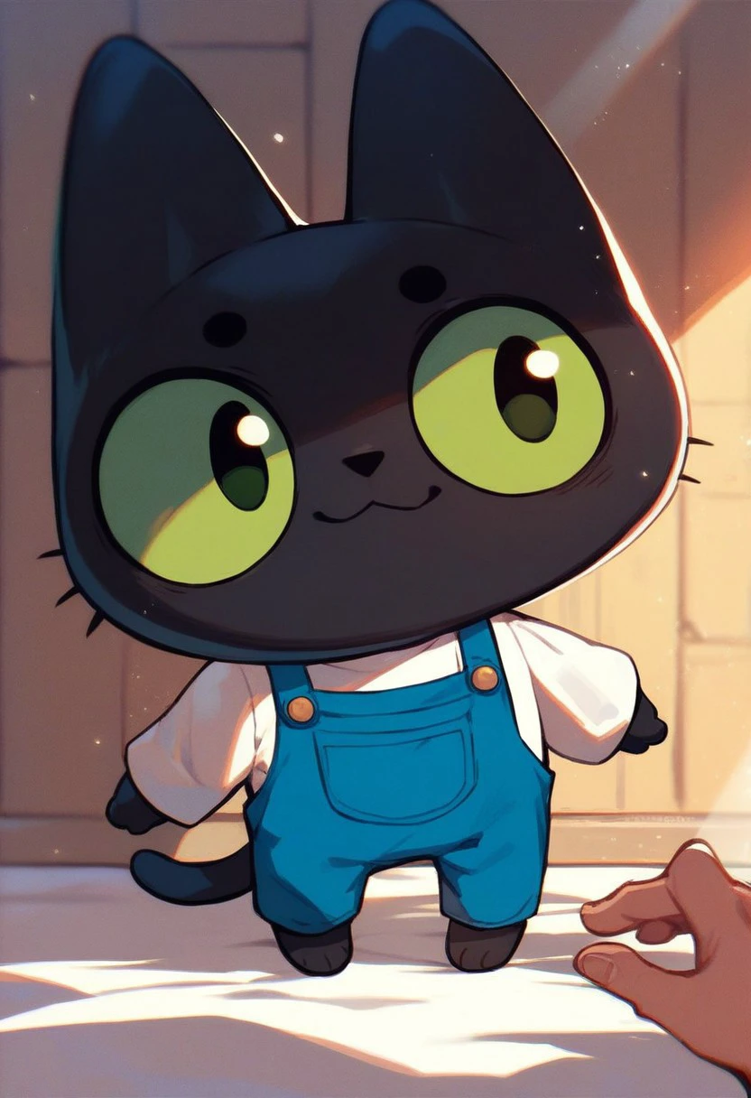 score_9, score_8_up, score_7_up, score_6_up, score_9,
Benchik, black cat, green eyes, white shirt, blue overalls,
digital art, 1boy, high quality,
smile, light rays, 
cartoon