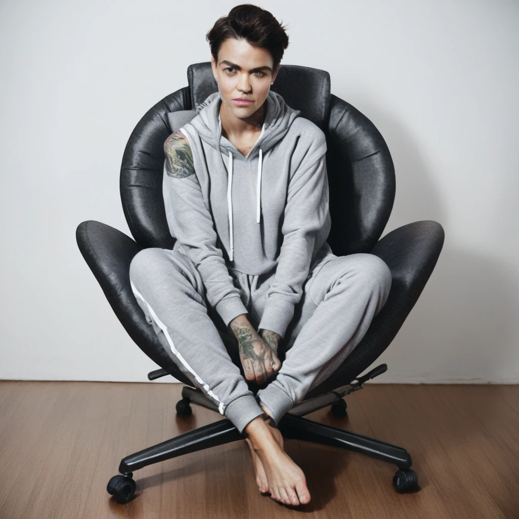 Real, realistic, photorealism, rub_r0s, full body, short hair, 1girl, tattoos, sitting on chair, looking at viewer, sweatpants, hoodie