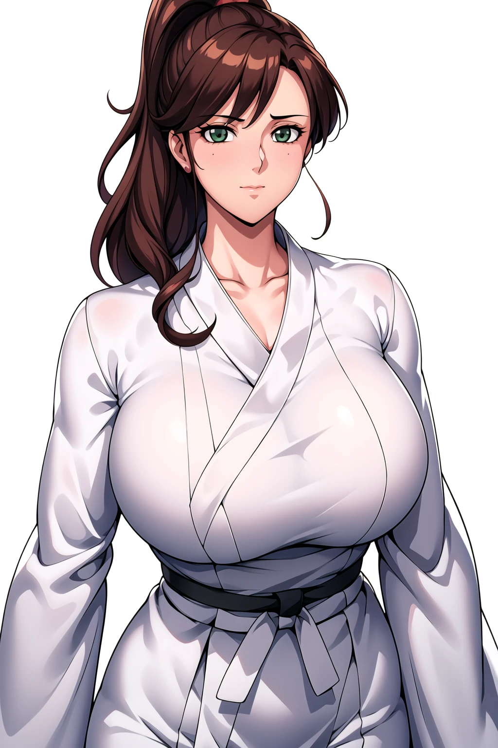 Simple White Background,
dynamic pose,standing at attention,
japanese clothes, kimono,long sleeves, White pants,Black belt,
<lora:sailor_jupiter-KK77-V1:0.7>,kino makoto,
green eyes, brown hair,bangs,Long hair, high ponytail, hair ornament, jewelry, 
<lora:more_details:0.1>,<lora:Oda_Non_Style-KK77-V2:0.3>,<lora:Sexy_AIart-KK77-V1:0.3>,
1 girl, 20yo,Young female,Beautiful long legs,Beautiful body,
Beautiful Nose,Beautiful character design, perfect eyes, perfect face,expressive eyes,perfect balance,
looking at viewer,(Focus on her face),closed mouth, (innocent_big_eyes:1.0),(Light_Smile:0.3),
official art,extremely detailed CG unity 8k wallpaper, perfect lighting,Colorful, Bright_Front_face_Lighting,White skin,
(masterpiece:1.0),(best_quality:1.0), ultra high res,4K,ultra-detailed,
photography, 8K, HDR, highres, absurdres:1.2, Kodak portra 400, film grain, blurry background, bokeh:1.2, lens flare, (vibrant_color:1.2),professional photograph,
(Beautiful,large_Breasts:1.4), (beautiful_face:1.5),(narrow_waist),