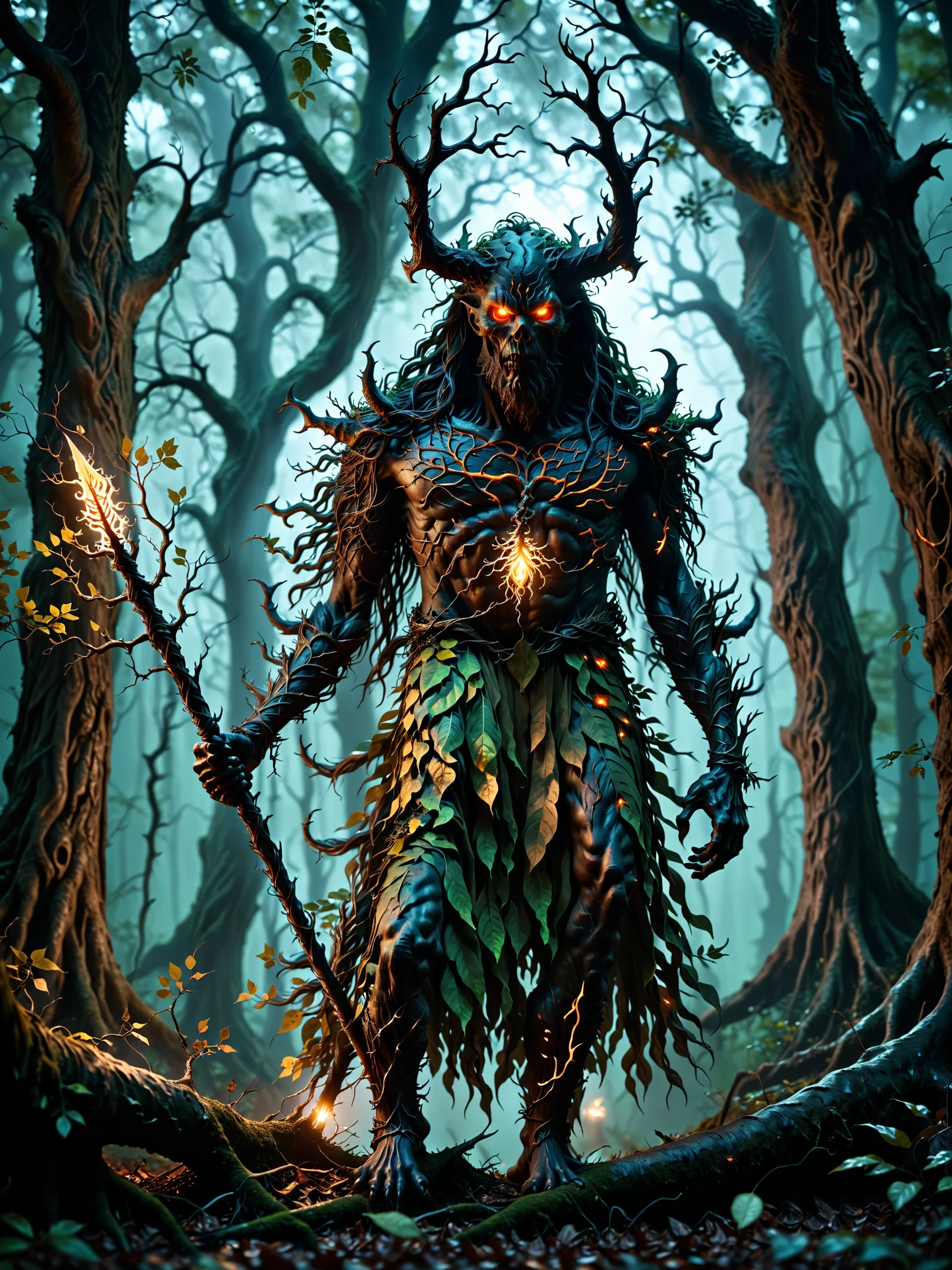 Silhouettes of dark ghostly tree man. Capture the essence of Nature's mystical beings He stands ready to fight intruders.
long hair. Glowing eyes. Glowing spear. Forest color palette. Light armor made of roots and leaf. Realistic.
DEVIL SPAWN. Cinematic lighting, Volumetric lighting, Epic composition, Photorealism, Bokeh blur, darkness, night, intricate glowing aether tattoos,