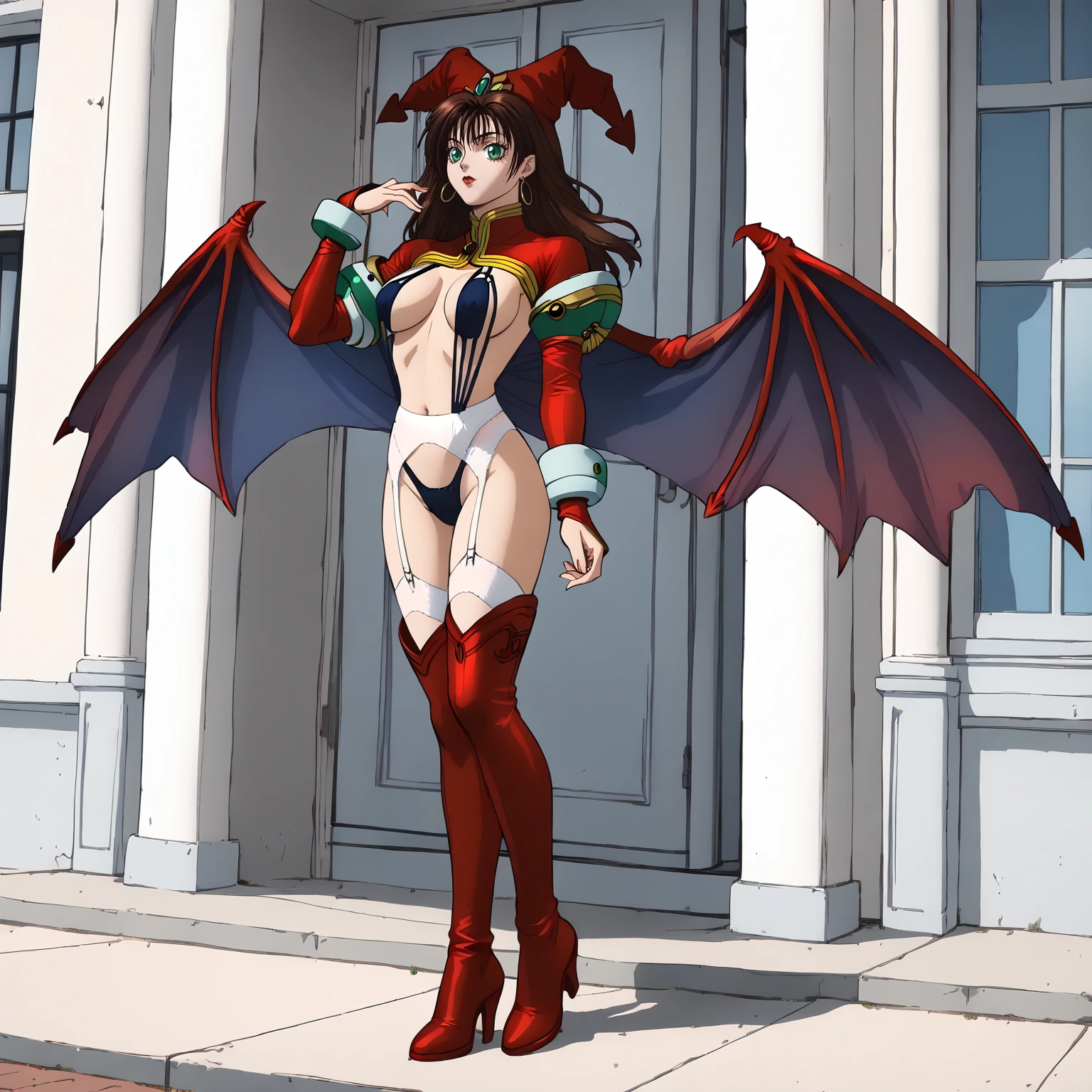 <lora:PornoDianeXLpony002>,
solo,
PornoDiane,1girl,demon girl,black brown hair,long hair,green eyes,
demon wings,
jester cap,hoop earrings,
bikini_armor,red shirt,
slingshot swimsuit,
white garter belt setup,red thigh boots,
full body,standing,
outdoors,