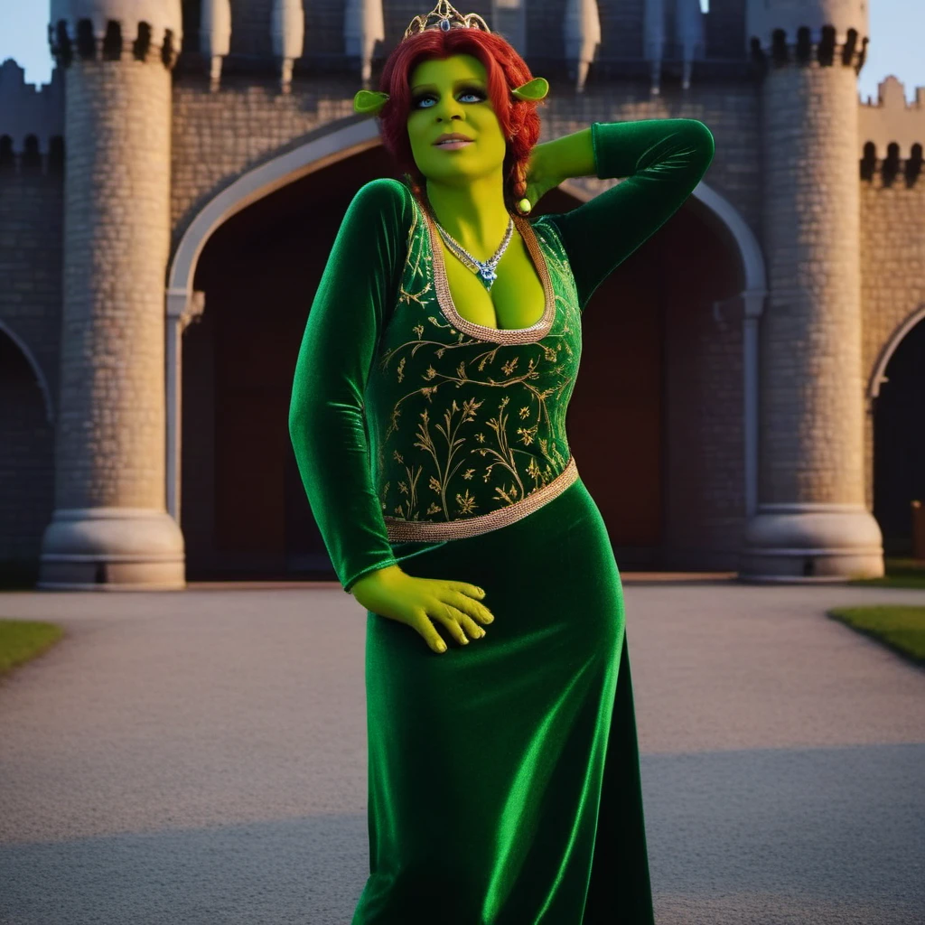 cinematic photo a portrait of green ogre woman wearing a necklace and a tiara on their head, ((green skin)), green hands, green feet, long dress, cleavage, large breast, bare feet, in front of a medieval castle <lora:Fiona1024:0.8> . 35mm photograph, film, bokeh, professional, 4k, highly detailed