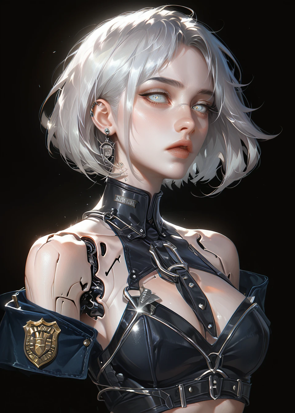 score_9, score_8_up, score_7_up, 1girl, upper-body, (zhongguoduliu), black background, bare shoulders, parted lips, silver hair, beautiful eyes, short hair, sharp bob haircut, police, joints, <lora:zhongguoduliu-000012:0.8>