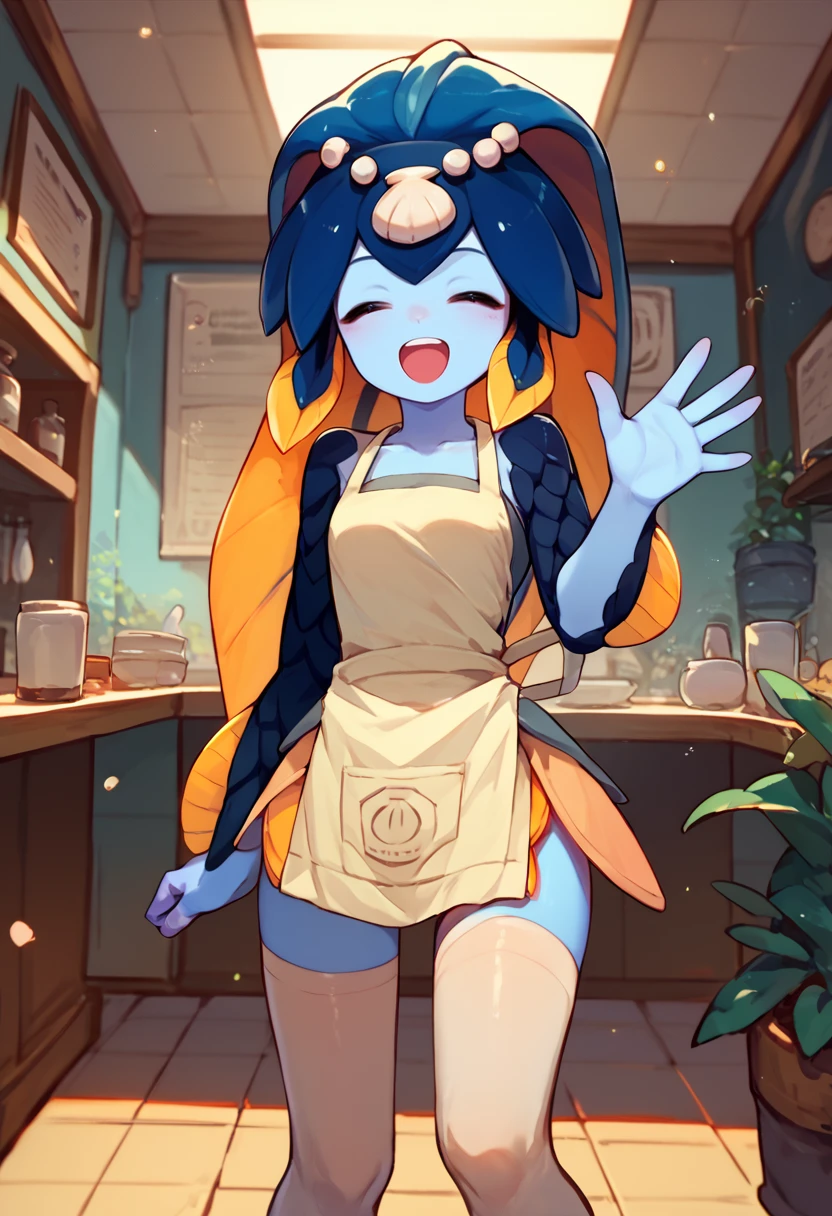 score_9, score_8_up, score_7_up, solo, 1girl, minette, monster girl, fish girl, blue skin, scales, fins, happy, open mouth, looking at viewer, waving, hair ornament, shell, closed eyes, waitress, apron, white thighhighs, indoors <lora:skullgirls_minette_ponyXL:1>