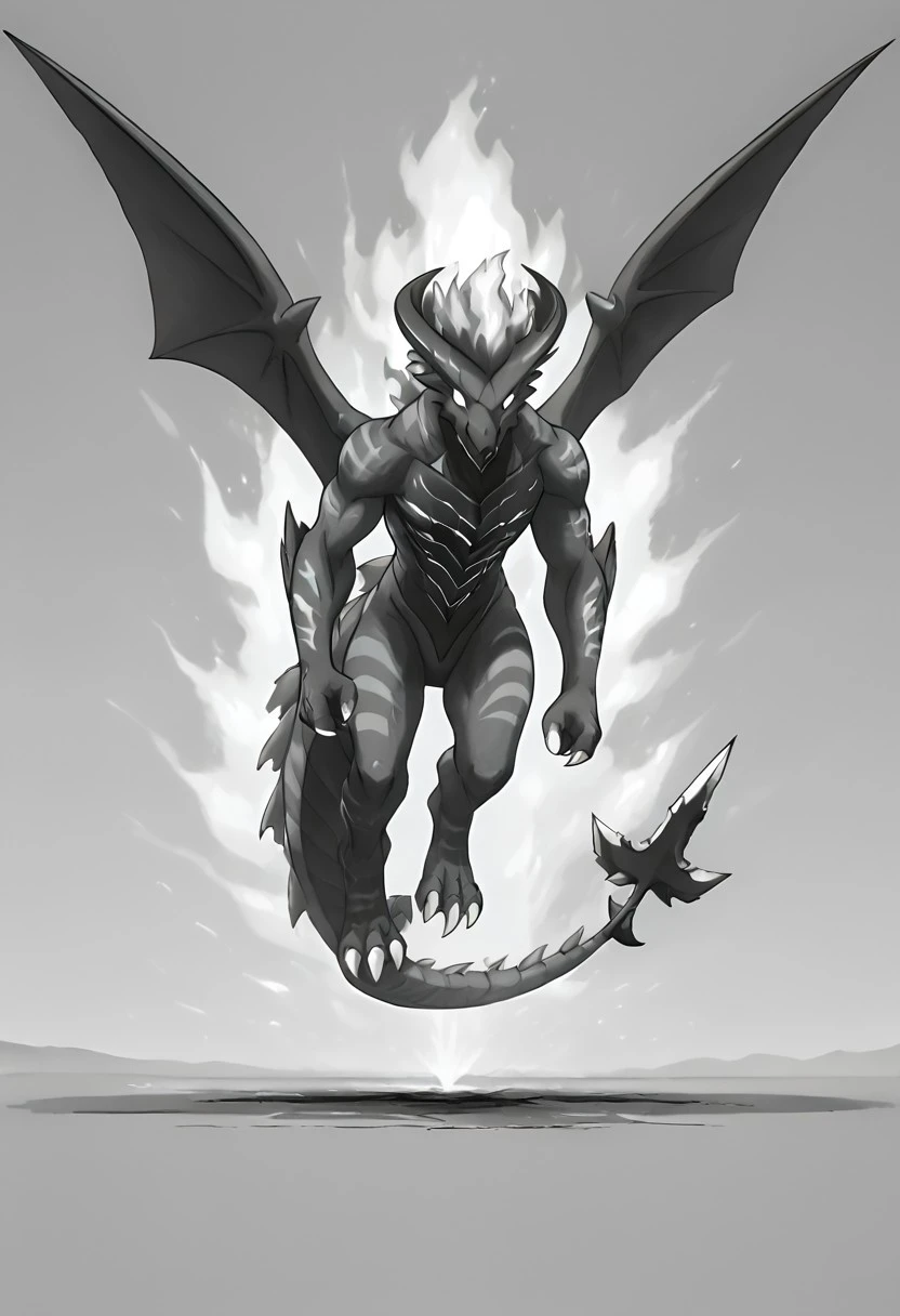 BREAK Score_9, Score_8_up, Score_7_up, source_anime, dark shading on body, grayscale, full body, western dragon, toothless, rostrum-style snout, antlers with a crescent pattern, flames running from the back of the head to the tail, a spear at the tip of the tail,