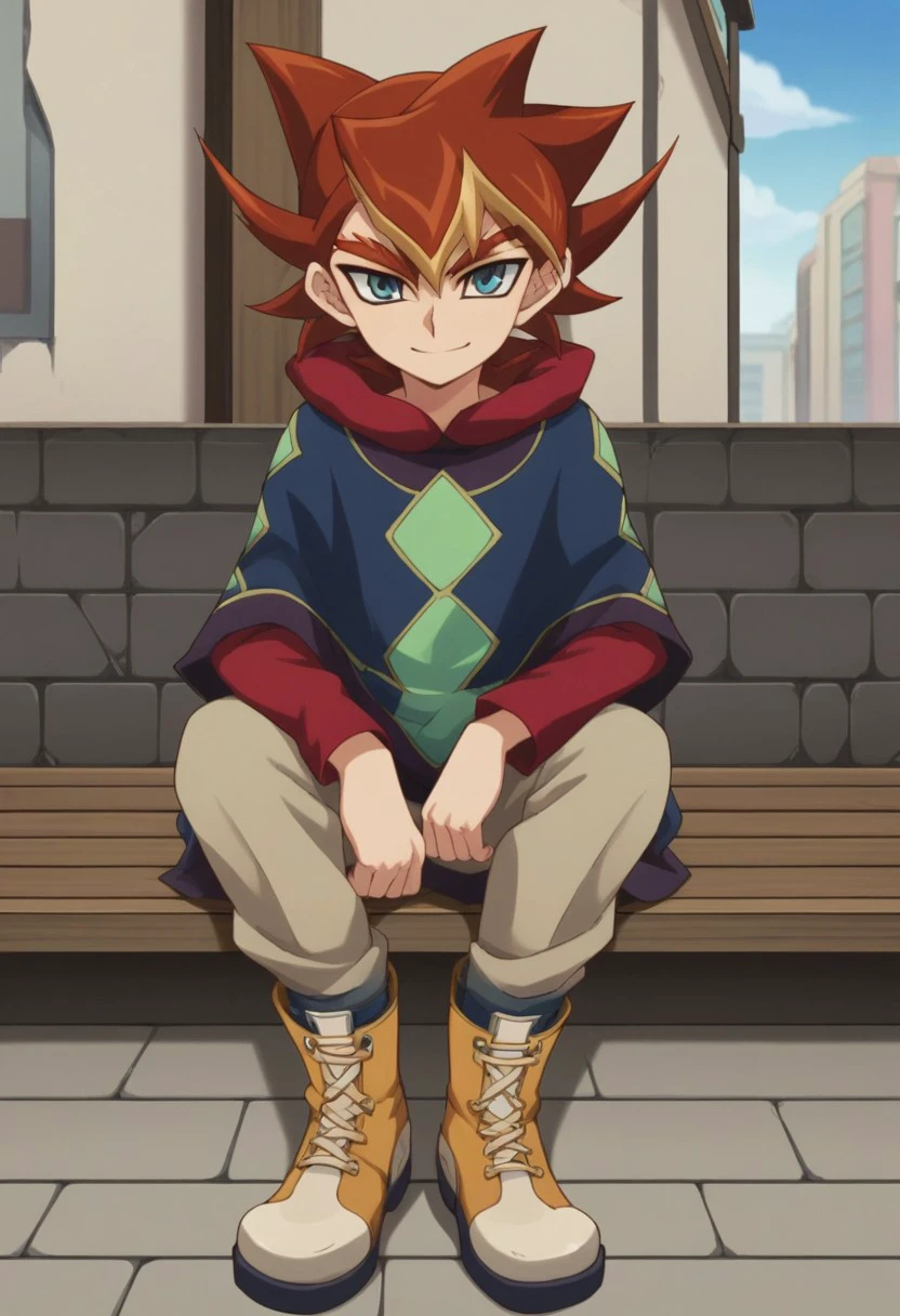 score_9, score_8_up, score_7_up, source_anime, highly detailed, 
allen, solo, 1boy, male focus, poncho, spiked hair, boots, smile, looking at viewer, multicolored hair, brown hair, blonde hair, pants, red hair, blue eyes, smile, 
outdoor, sit, buildings, sky,