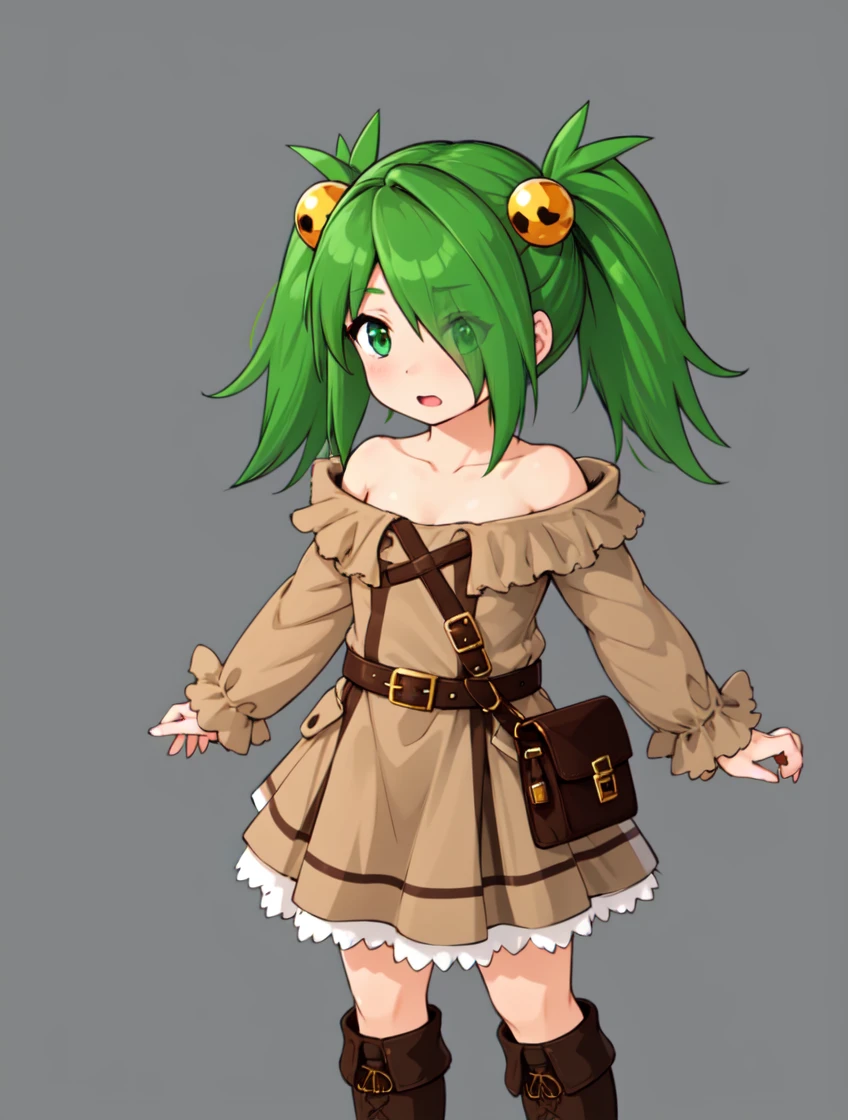 masterpiece, 1girl,solo,
<lora:epicanna.sd15.v1:0.4> epicanna,
brcoatoutfit, brown belt, brown dress, long sleeves, bare shoulders, belt bag, fanny pack, brown boots, frilled dress, layered dress, off-shoulder dress, pleated dress, short dress
defhairstyle, hair ornament, yellow orbs, hair over one eye, low twintails, short twintails, pigtails, eyes visible through hair,
simple background,