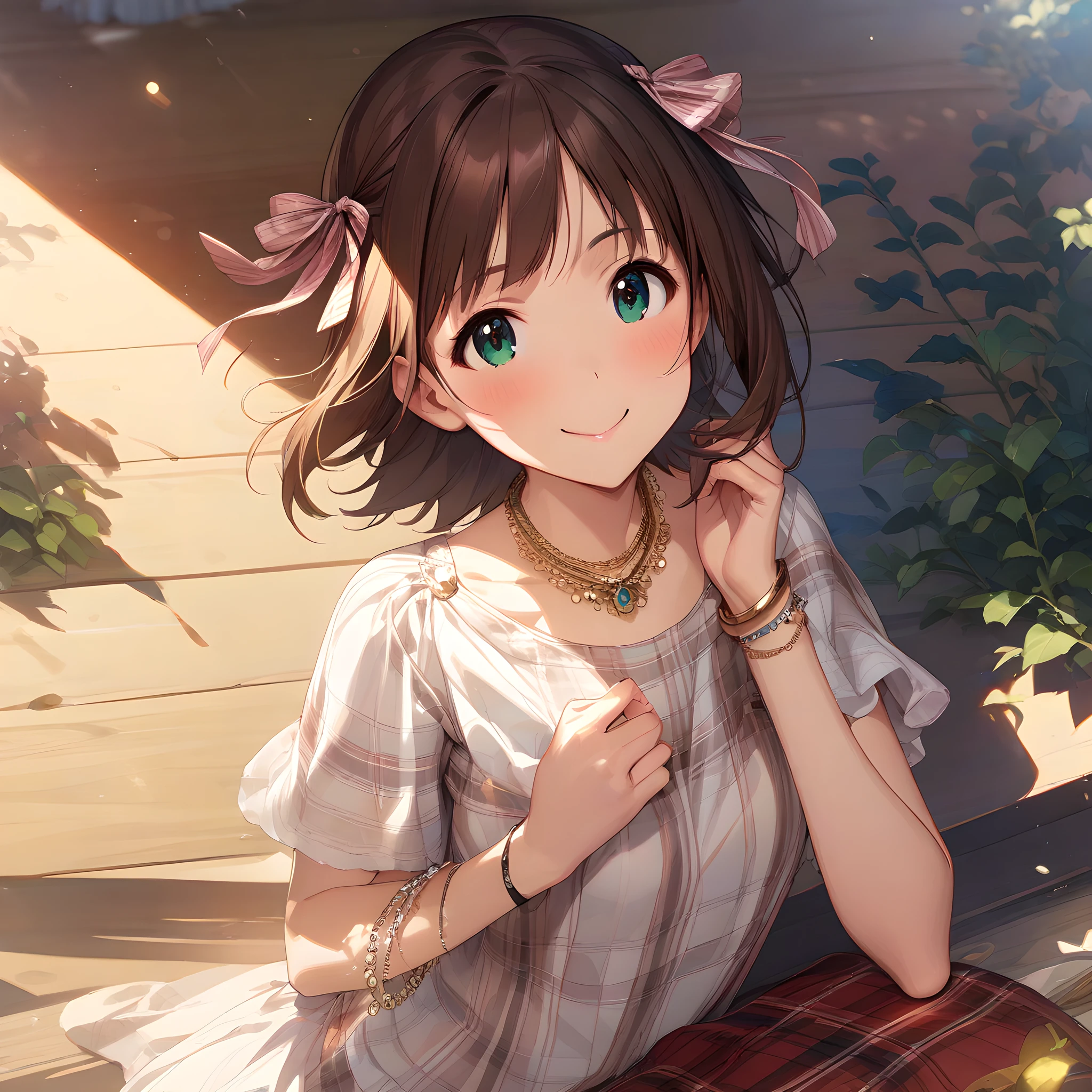 (masterpiece),(best quality),(ultra-detailed),(best illustration),(best shadow),(absurdres),(detailed background),(very aesthetic), haruka_amami, 1girl, solo, jewelry, brown hair, bracelet, smile, short hair, necklace, hair ribbon, ribbon, green eyes, plaid, shirt <lora:XL-HarukaAmami:1>