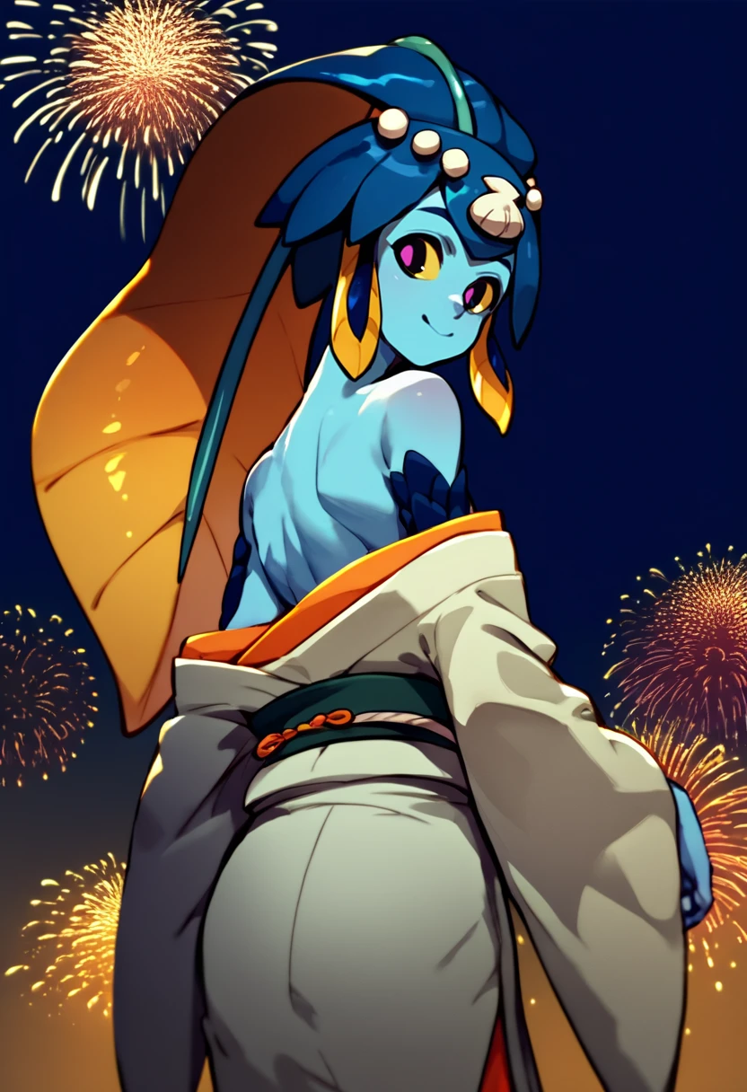 score_9, score_8_up, score_7_up, source_anime, from behind, solo, 1girl, minette, monster girl, fish girl, blue skin, scales, fins, smile, looking back, hair ornament, shell, yellow sclera, japanese clothes, white kimono, off shoulder, bare shoulders, fireworks <lora:skullgirls_minette_ponyXL:1>