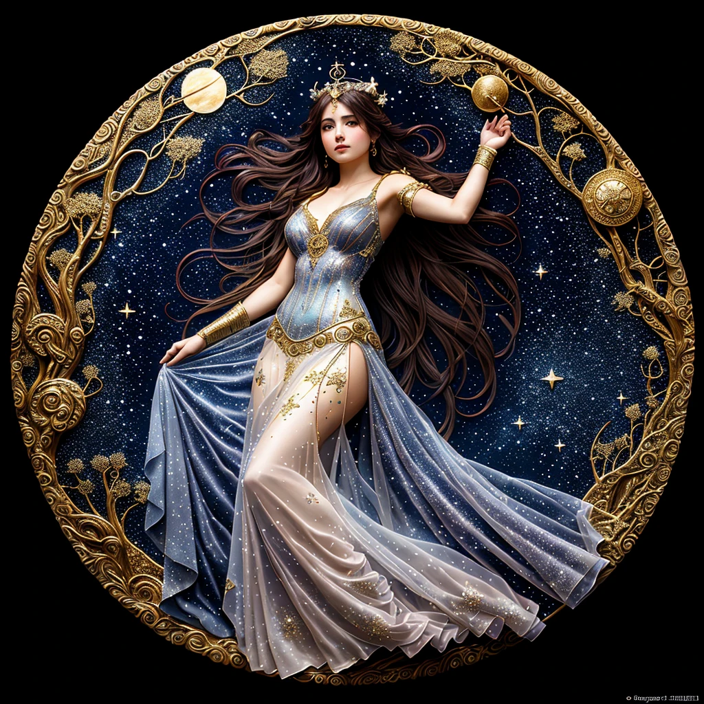 A celestial goddess in an ethereal gown made of flowing, starry fabric. Her attire blends elements of classical art and fantasy, with a crown made of moonlight and celestial symbols.