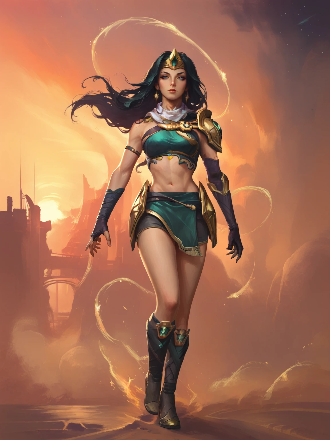 score_9, score_8_up, score_7_up, BREAK, Sivir, 1girl, solo, long black hair, goled diadem, white scarf, bandages on the chest, golden shoulder pad, armored shorts, armored bracers, black boots, (golden boomerang), sunset, shimmering light, stars in sky, dust storm, wodeipoi  <lora:SivirNormal:1>  <lora:wodeipoi:1>