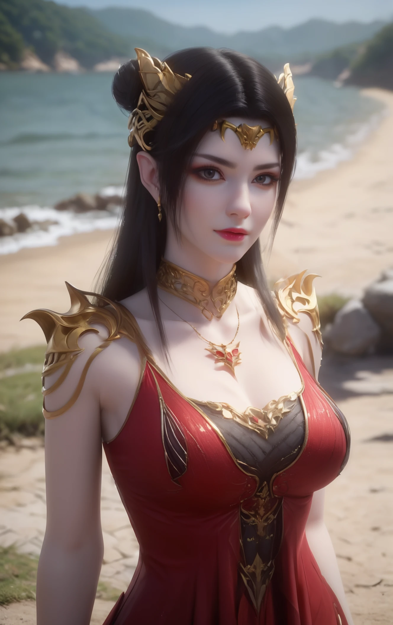 portrait,cowboy_shot,masterpiece,best quality,1girl,solo,black hair,hair ornament,dress,red dress,hair bun,1girl,<lora:MEIDUSHA:1>,posing,looking_at_viewer,eye-contact,(smile:0.7),