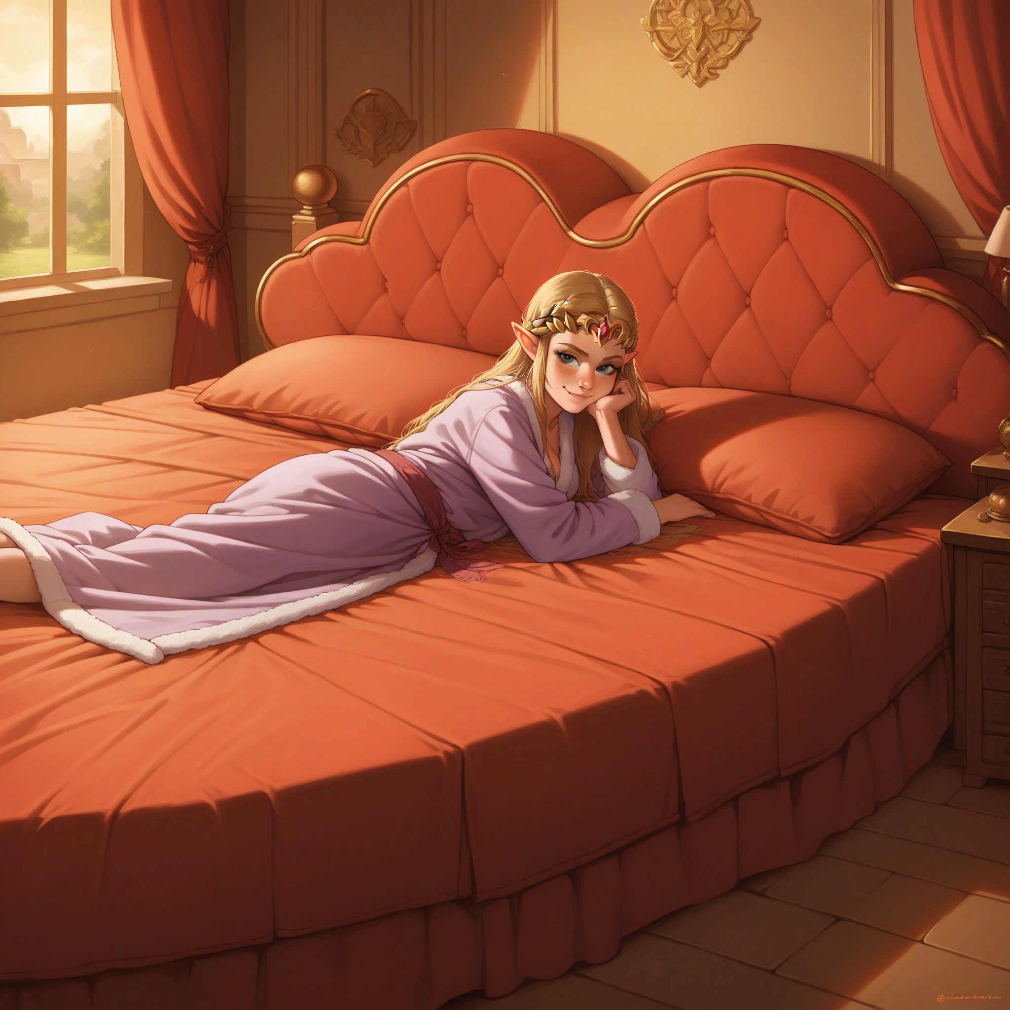 score_9, score_8_up, score_7_up, source_anime, solo, lying on stomach, facing you, princess zelda, bathrobe, smirk,
detailed background, palace interior, twilight, heartbed