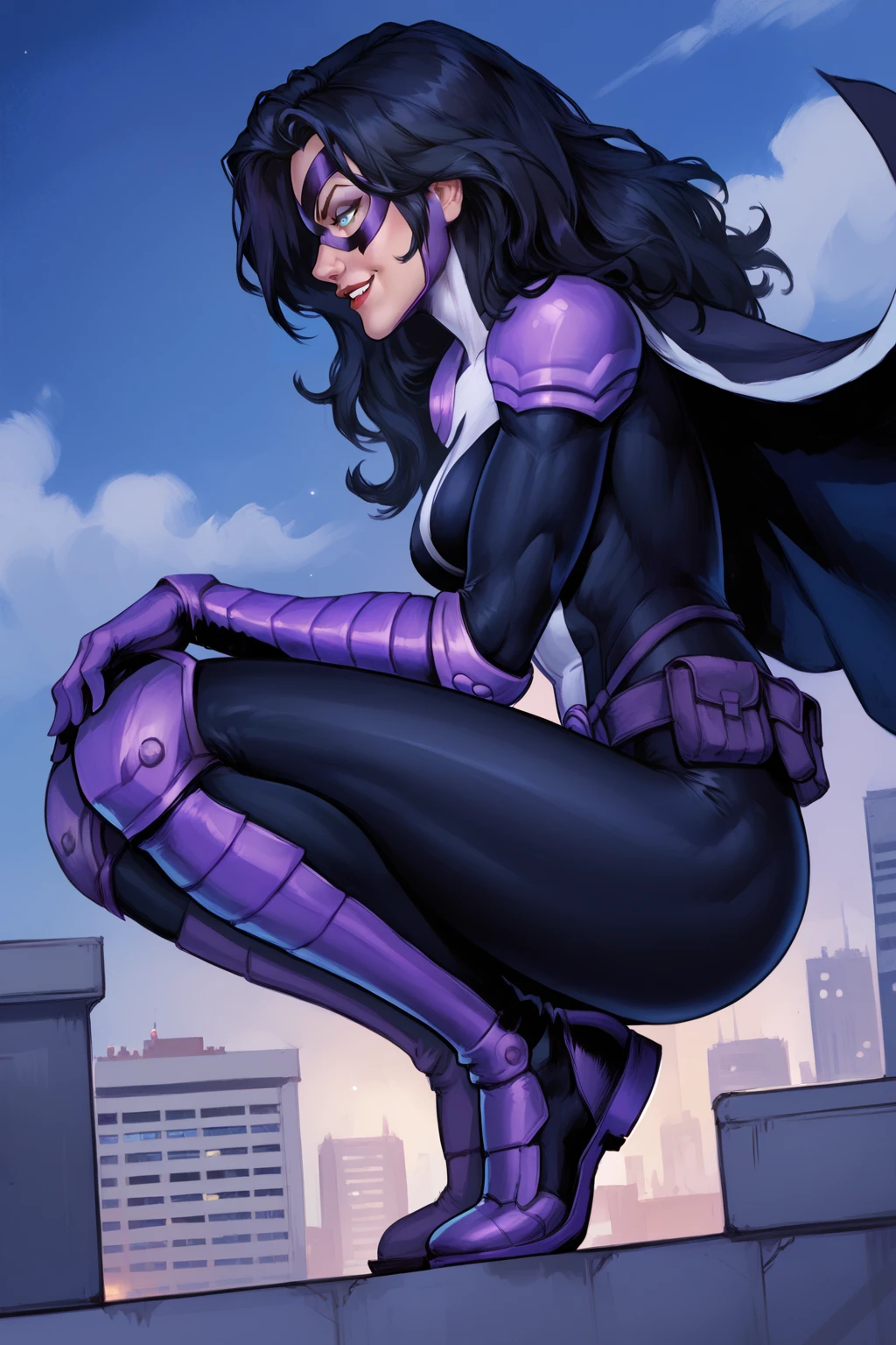 score_9, score_8_up, score_7_up, masterpiece, high quality, BREAK
 <lora:Dc HuntressPonyLoRA:0.8>hntress, long hair, domino mask, shoulder armor, cape, bodysuit, gloves, utility belt, knee pads, smile, squatting, view from side, superhero pose,, on a rooftop, city scape, at night