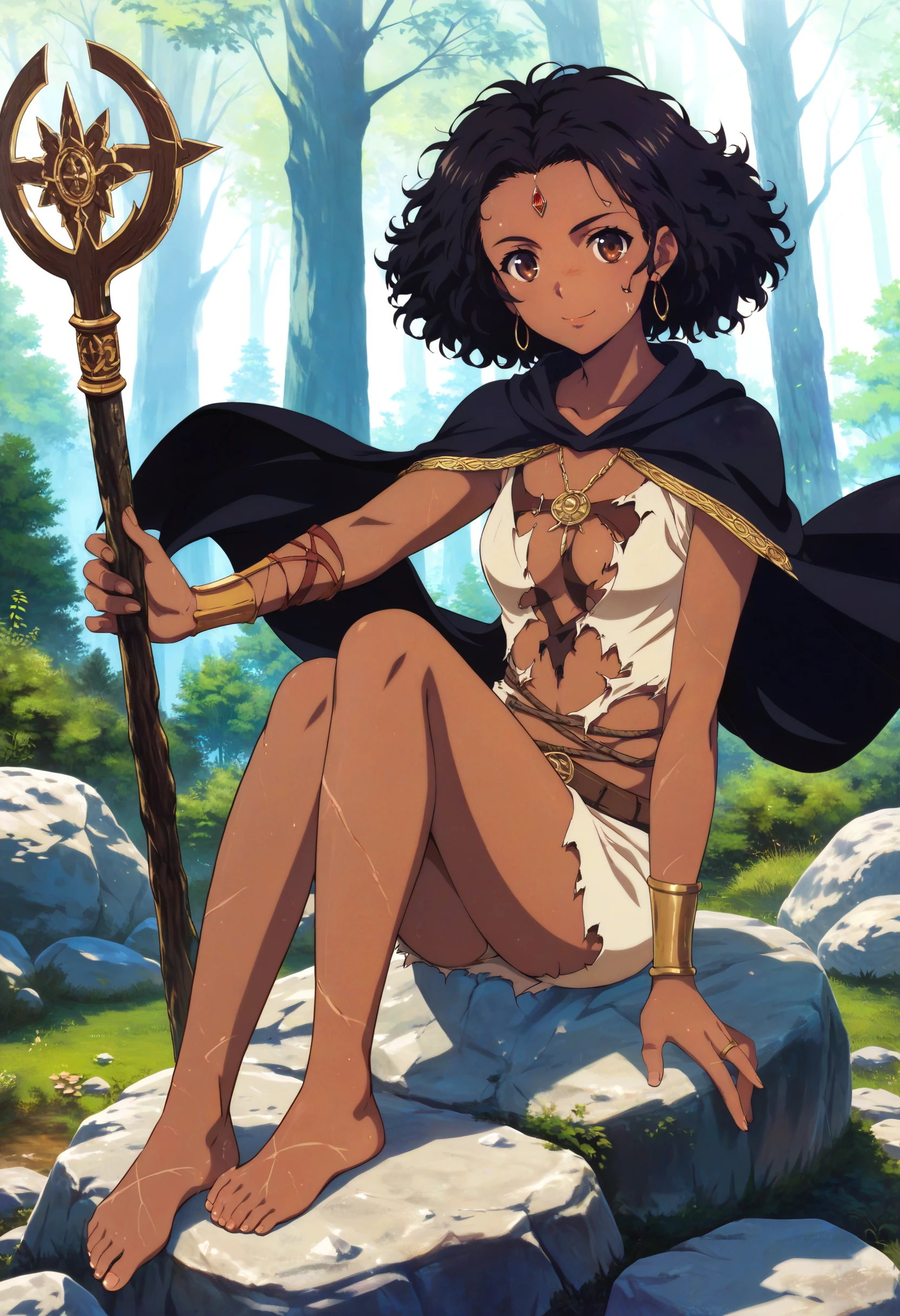 (score_9:1.1),score_8_up,score_7_up,score_6_up,source_anime,<lora:MeMaXLV3_TypeB>,1girl,looking at viewer,close-up,pose,(dark skin:1.5),black afro,parted hair,brown eyes,black cape,mage,wood staff,bare arms,torn clothes,bare legs,barefoot,collarbone,forest,sitting,rock,light smile,