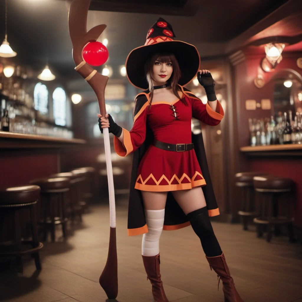 cinematic photo 1girl, witch hat,  blush, thighhighs, staff, fingerless gloves, bandaged leg, red dress, thighhighs, in a pub <lora:Megumin1024:0.8> . 35mm photograph, film, bokeh, professional, 4k, highly detailed