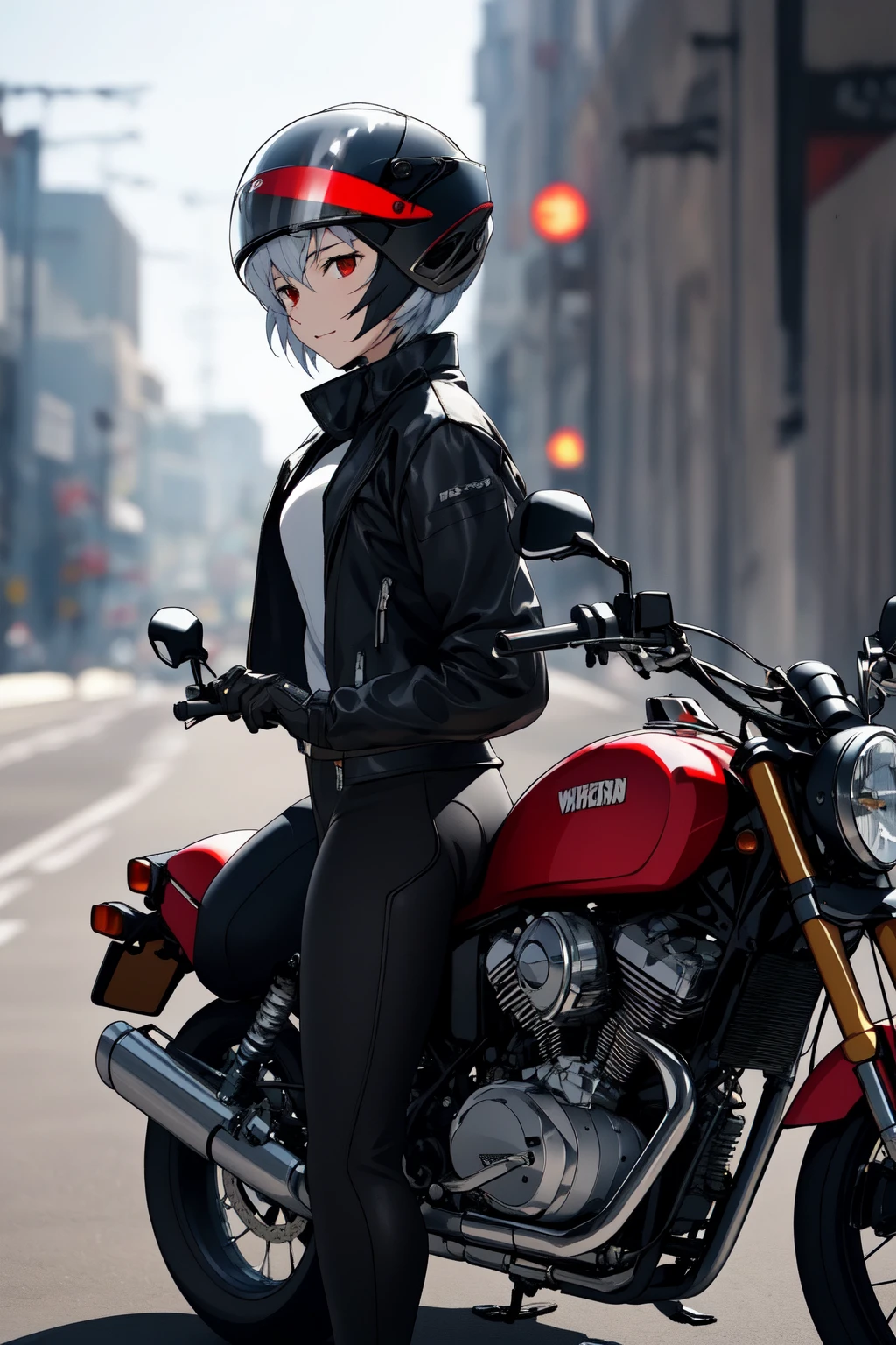 (RAW photo, best quality), 1girl,  natural lighting, 
 <lora:ayanami_rei_v1_2:1> ppayanamirei,
motorcycle, holding helmet, bike jacket,