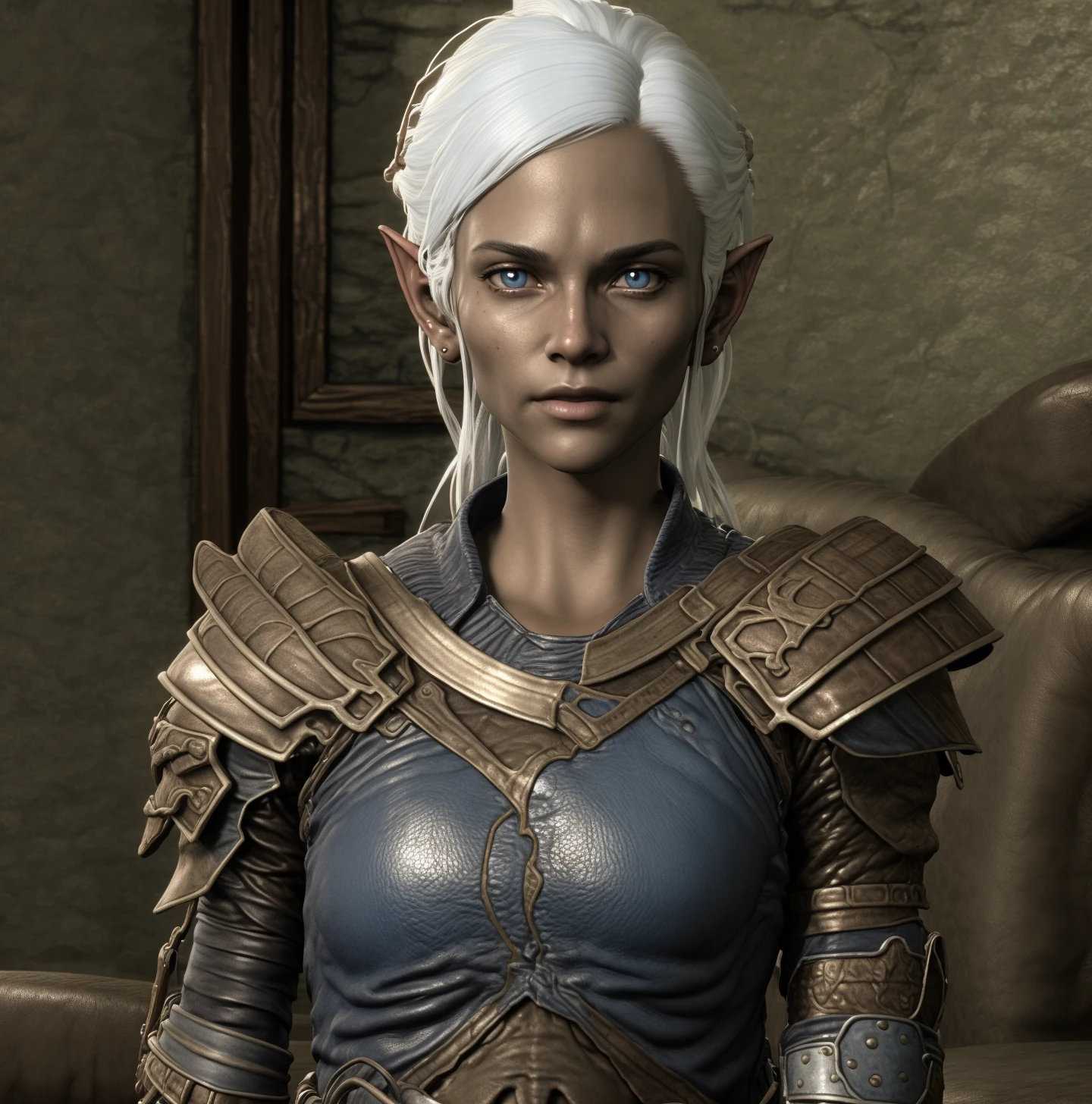 <lora:Fallout_Leather_Armor:0.74> FalloutLeather, leather armor, armor,   brown armor, <lora:drow_offset:.8> (blue skin: 1), white hair, pointed ears, living room couch, best quality, masterpiece, detailed, 8K, uhd, (extremely detailed CG unity 8k wallpaper),(masterpiece), (best quality), (ultra-detailed), (best illustration), detailed face, skin pores, detailed skin, detailed eyes, high quality eyes, good quality hands, high resolution, great anatomy