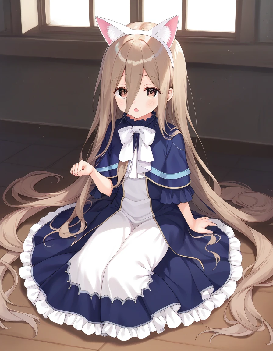 score_9, score_8_up, score_7_up,score_6_up,score_5_up,score_4_up, 1girl sitting on the floor, paw pose, fake cat ears, open mouth, sunlight, castle, window,
<lora:aak_style_pony6_v2-000010:1> <lora:sense_sousou no frieren_PONY_last:0.6> sense \(sousou no frieren\),brown eyes,very long hair,absurdly long hair,hair between eyes,eyes visible through hair, blue capelet,frilled dress,white long dress