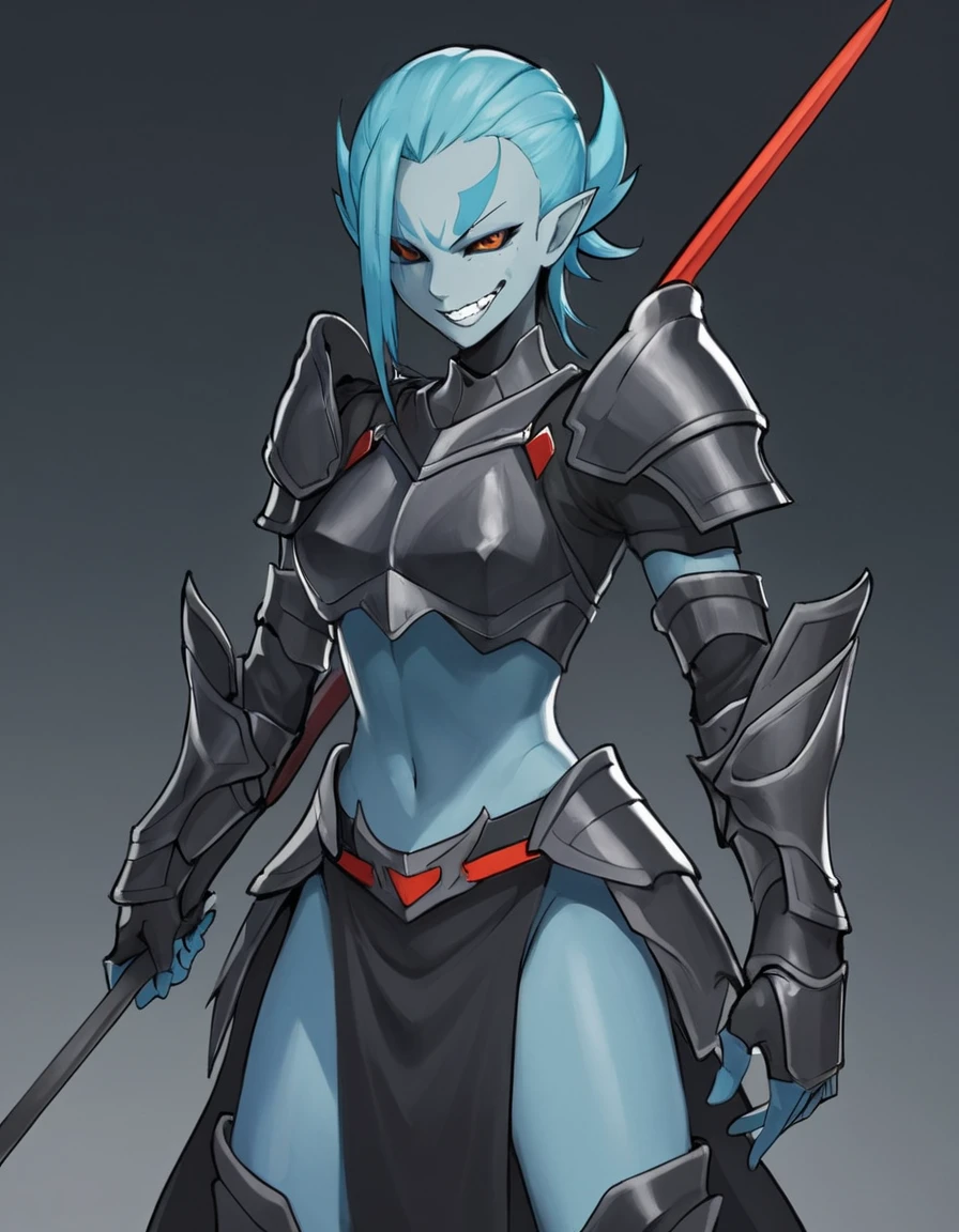 masterpiece, best quality, perfect face, black sclera:, 1girl, solo, undyne the undying, (armor:1.6), black armor, spiked armor, blue body, blue skin, fish, sharp teeth, spear, weapon, polearm






