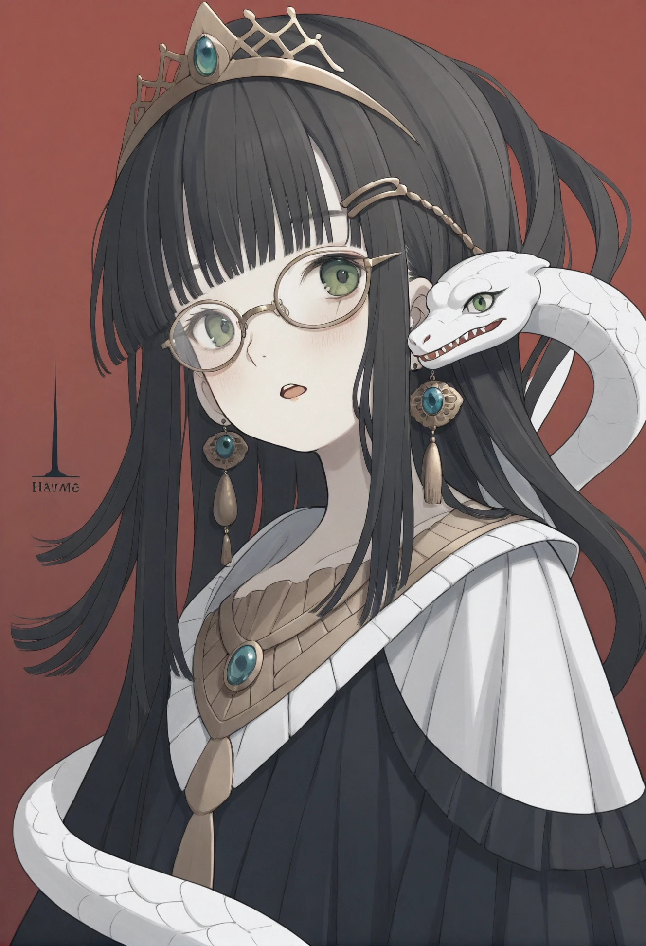 1girl, 
solo, looking at viewer, crown, black hair, jewelry, earrings, portrait, abstract, snake, dark, open mouth, egyptian, white hair, green eyes, tiara, lamia, snake head, white snake, egyptian clothes, eye of senri, long hair, monster girl, hime cut, red background, blunt bangs, glasses, black theme, hieroglyphed logo, bracelet, cobra \(animal\), realistic, 
masterpiece, best quality
 <lora:sirahoXLlokr4f-000181:0.95>
