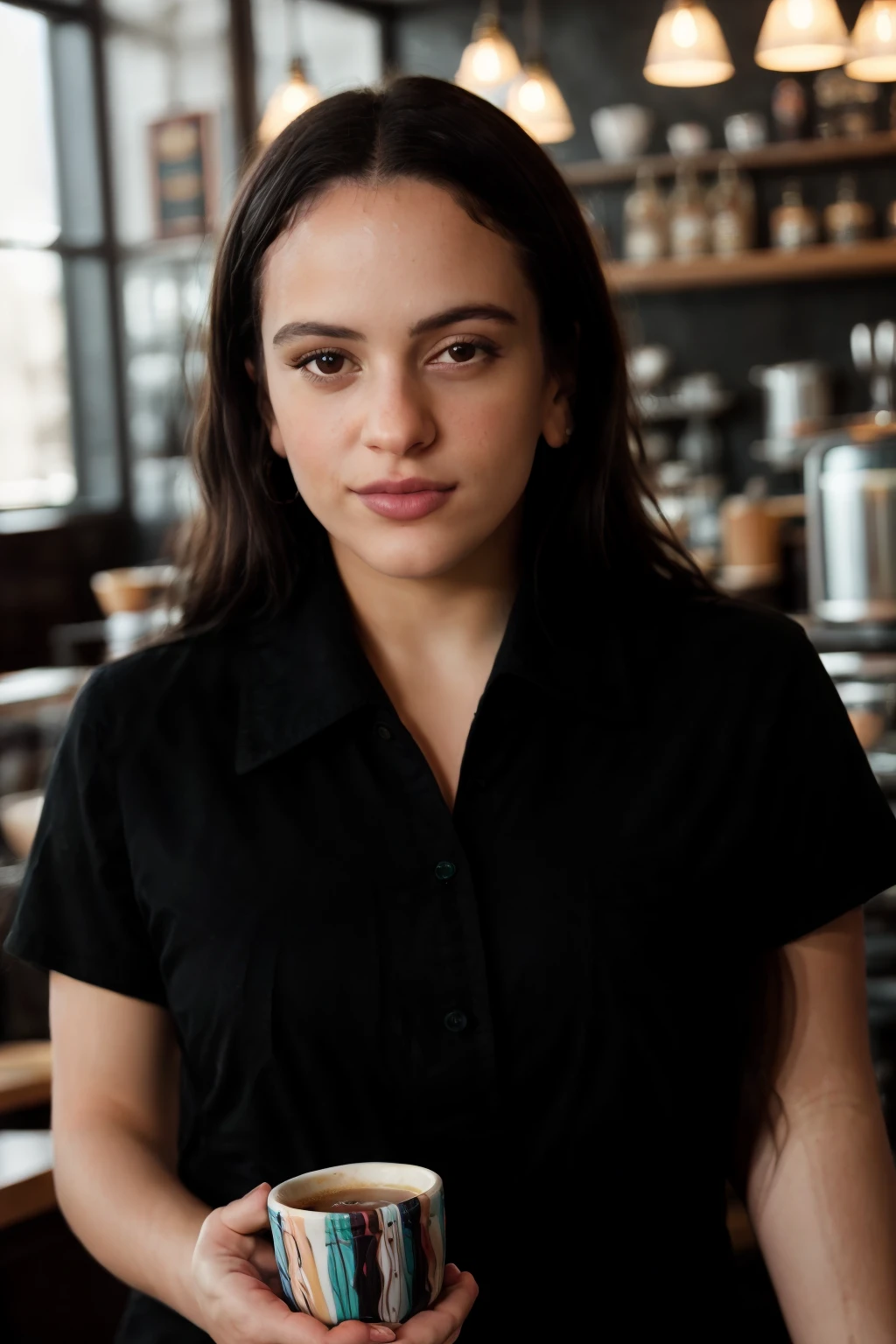 <lora:Rosalia:0.8> full color portrait of a young  woman, having coffee at a vintage cafe, natural light, RAW photo, subject, 8k uhd, dslr, soft lighting, film grain, Fujifilm XT3, Nikon D850