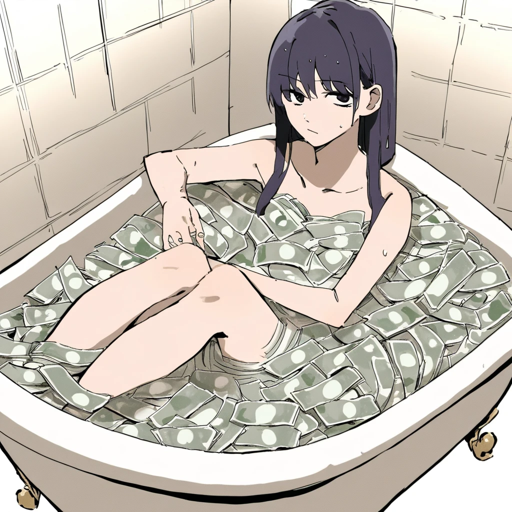 Anime girl with black hair and black gloves sitting on a pile of money ...