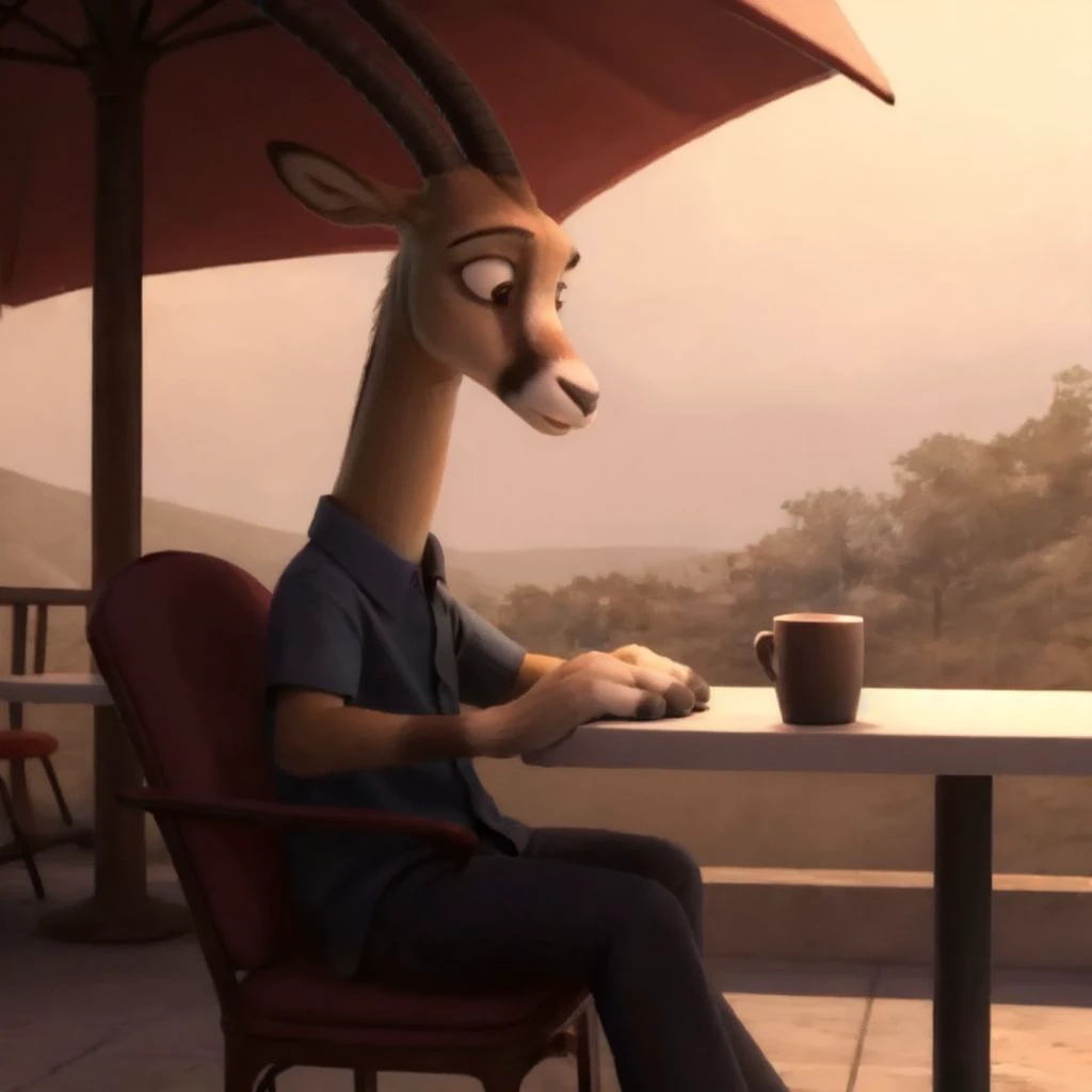 <lora:Antlerson:0.7>, pronk, full body, antlers, skinny, antelope, relaxed, sitting, looking down:1.2,
outside, chair, cafe, coffee, umbrella, highway:0.8, leaning back, looking down, backlighting, disney, cartoon