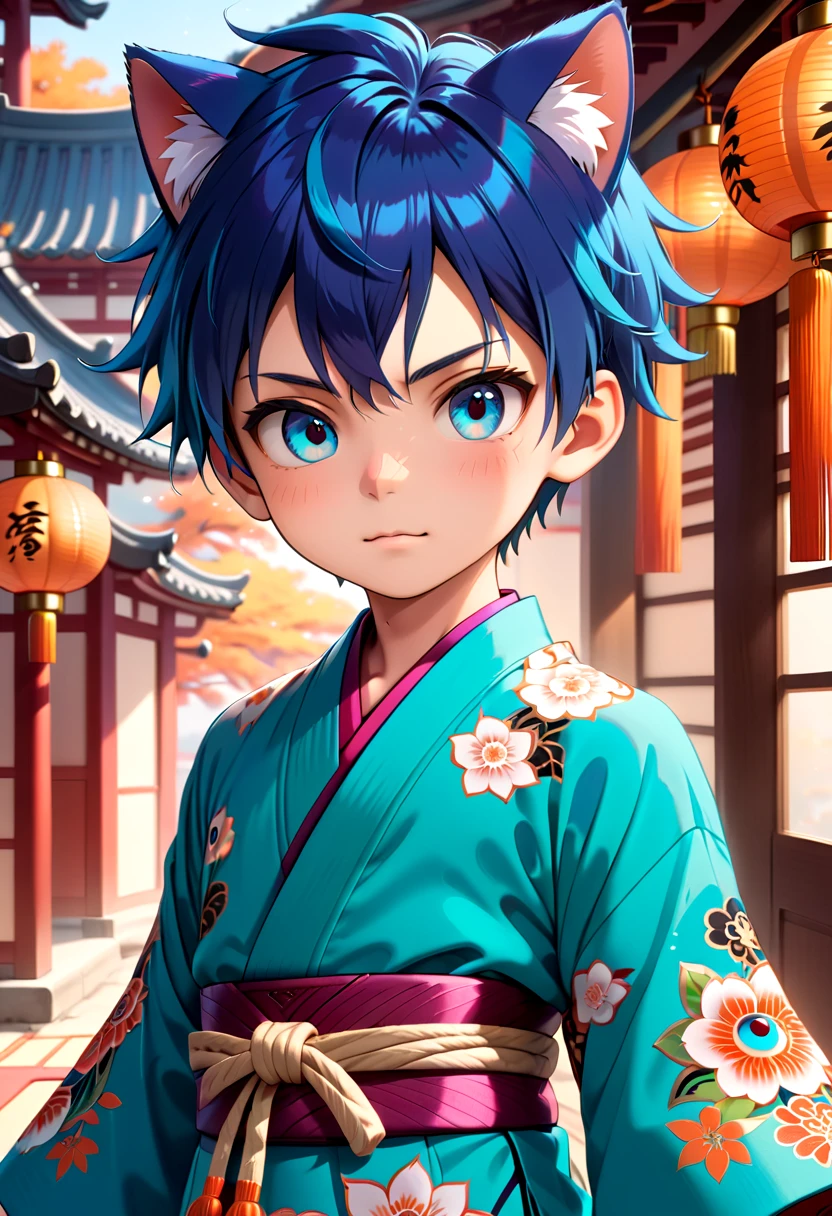 straight on shot, standing,detailed eyes, village,
 <lora:cutifiedanimecharacterdesign_variant_type_G_SDXL_v10:0.7>, 1boy, type-g, cat boy, blue hair, Kimono, long pants, 
(masterpiece:1.2), best quality, high resolution, unity 8k wallpaper, (illustration:0.8), (beautiful detailed eyes:1.6), extremely detailed face, perfect lighting, extremely detailed CG, (perfect anatomy),
 <lora:age_slider_v4:1.2>