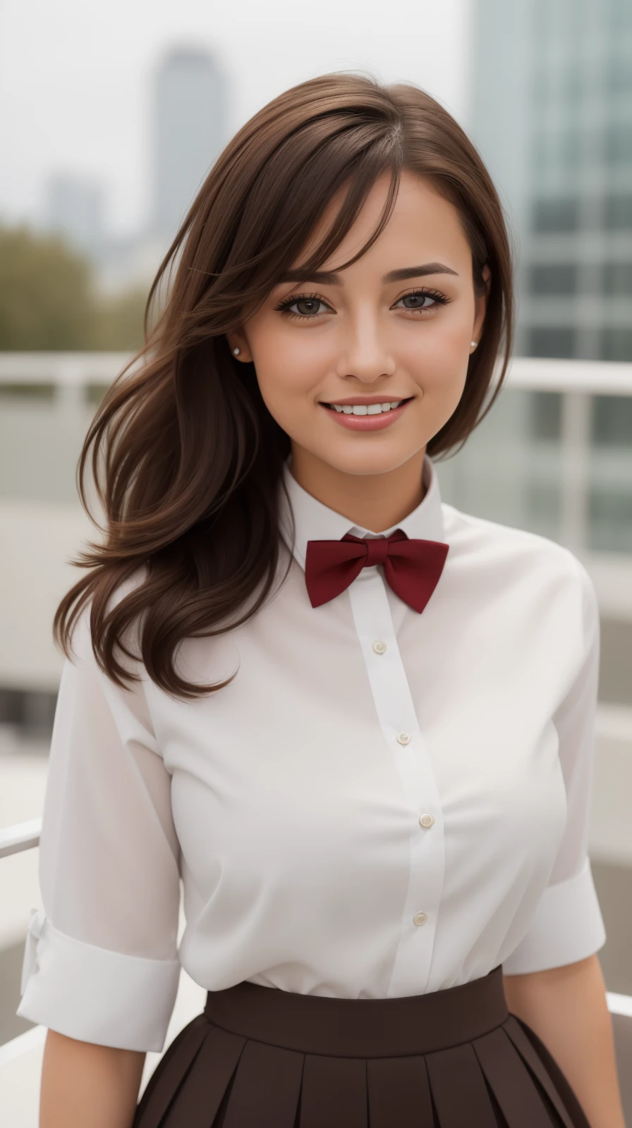 (RAW photo, best quality), (realistic, photo-realistic:1.2), a close up portrait photo,
1girl, shopping mall rooftop cafe, outdoor,
smile, (high detailed skin:1.4),
puffy eyes, gorgeous hair, air bangs, brown black hair,
white opaque shirt with bow tie, pure red pleated skirt,
soft lighting, high quality,