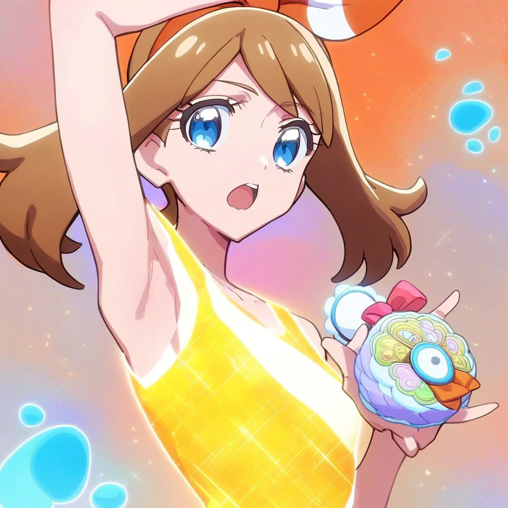 score_9,score_8_up,score_7_up,score_6_up,score_5_up,score_4_up, Wonderfulprecure, 1girl, solo, glowing body, open mouth, may/(pokemon/), sidelocks, brown hair, blue eyes,  holding, arm up, armpit