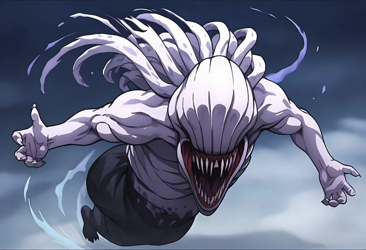 BREAK Score_9, Score_8_up, Score_7_up, source_anime, white skin, spirit creature, pointy teeth, black tail, full body, fighting, solo, aura,