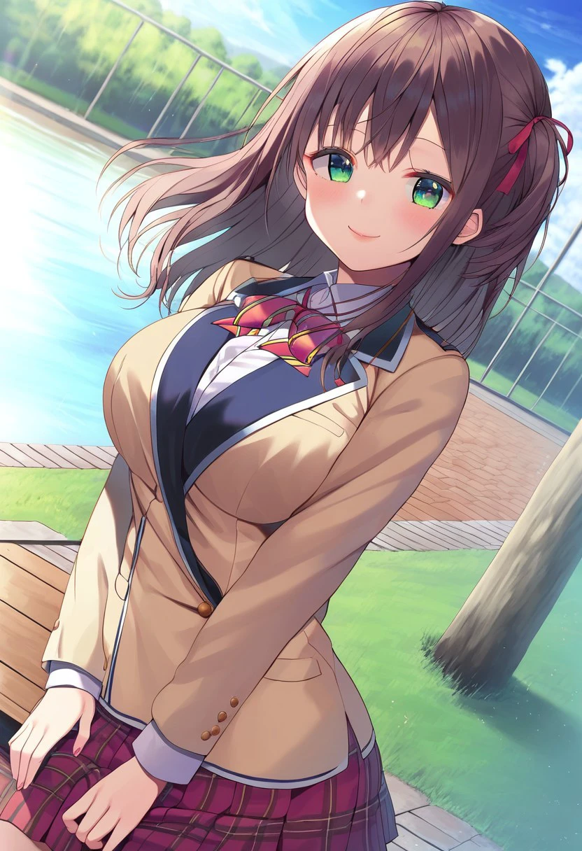 Asa no ha, solo, female, 1girl, cute face, slim body, green eyes, detailed eyes, long hair, brown hair, big breast, BREAK female school uniform, elegant school uniform, BREAK hands on back, leaning to viewer, looking at viewer, outdoors, school entrance, colorful, dutch angle, BREAK ((ultra-detailed)), ((best quality)), ((best quality)), ((beautiful eyes)), ((extremely detailed)), 4K, (8K), best quality, (beautiful), Master piece, highres, score_9, score_8_up, score_7_up, score_6_up, score_5_up, score_4_up, colorful, best quality, masterpiece, nai3, god light, detailed background, high quality background, anime style,source_anime, AddXL,