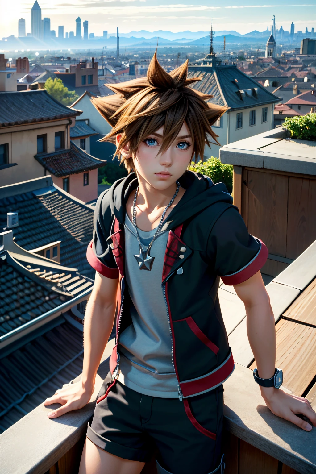 ((ultra detailed, masterpiece, absurdres))
 <lora:KH3Sora:0.8>
KH3Sora, 1boy, brown hair, spiked hair, looking at viewer, posing confidently on a rooftop overlooking a city skyline