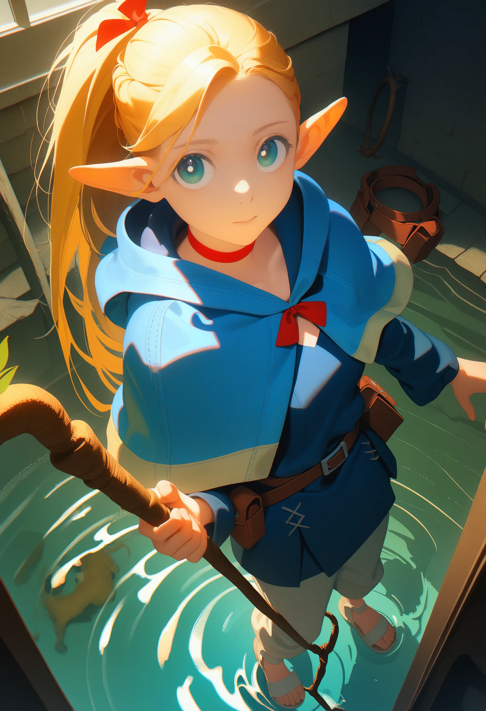 marcille donato, marcille original outfit, 1girl, pointy ears, elf, long hair, sandals, choker, pouch, ponytail, hood, belt, pants, hooded capelet, blue capelet, belt pouch, living staff, holding staff
cowboy shot, indoors, dungeon, water, atmospheric, looking at viewer, from above,
masterpiece, best quality, very aesthetic, absurdres
<lora:dungeon_meshi_collection_ani_v23:1>